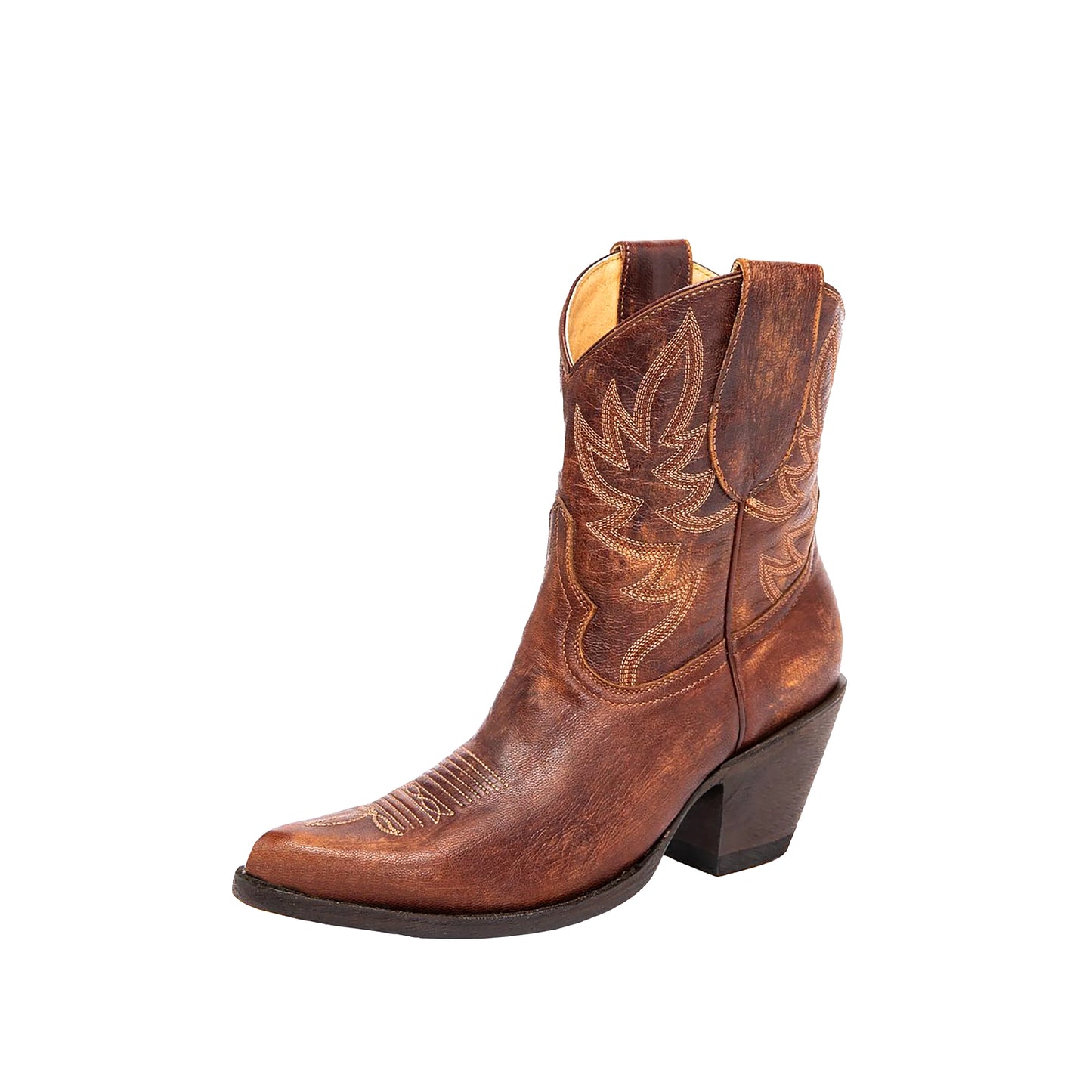 Brown Almond-Toe Embroidery Ankle Cowgirl Boots