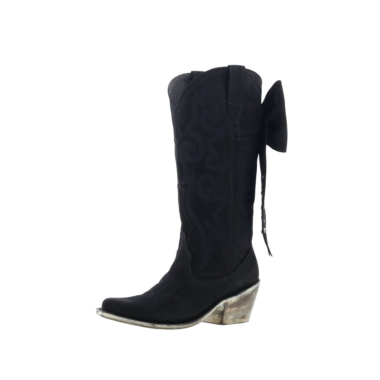 Black Pointed-Toe Embroidery Back Studded Bow Mid Calf Cowgirl Boots