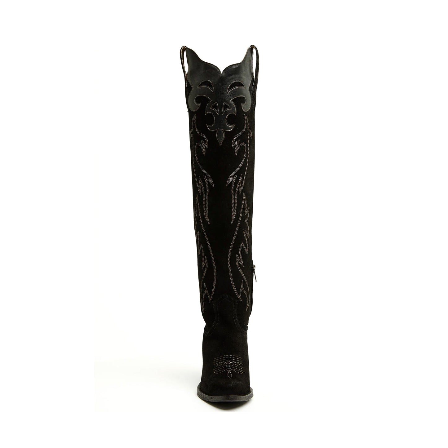 Black Faux Suede Round-Toe Half-Zip Embroidery Tall Knee High Cowgirl Boots