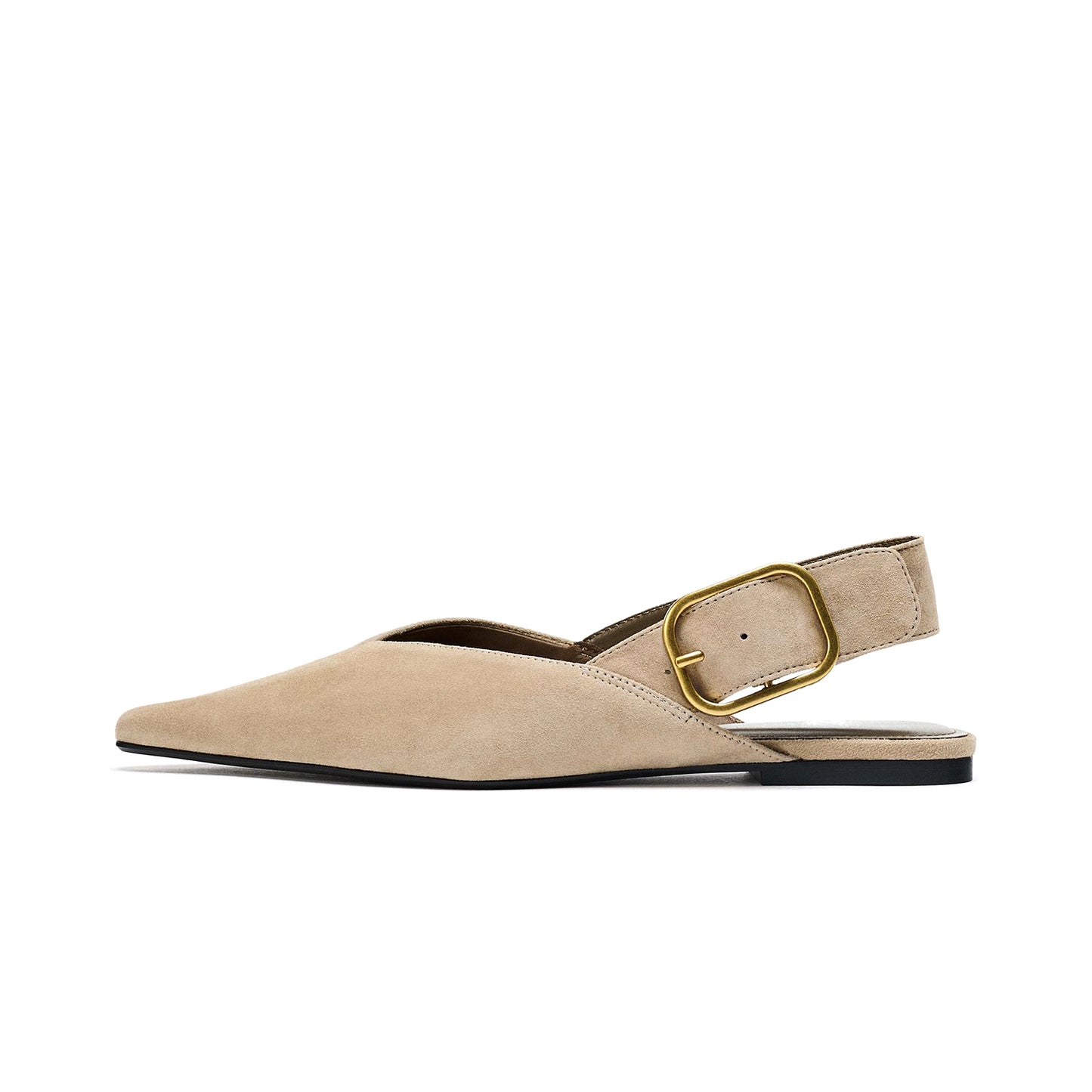 Beige Faux Suede Pointed-Toe Slingback Buckle Flats
