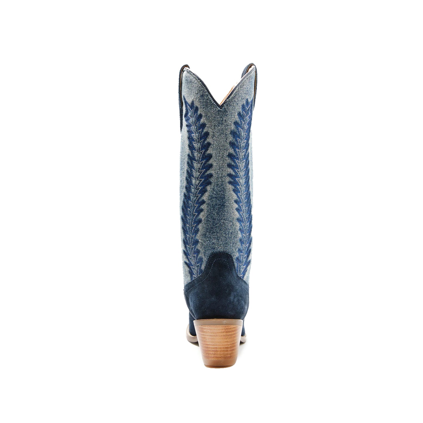 Contrast Blue Denim and Navy Faux Suede Snip-Toe Embroidery Knee High Cowgirl Boots