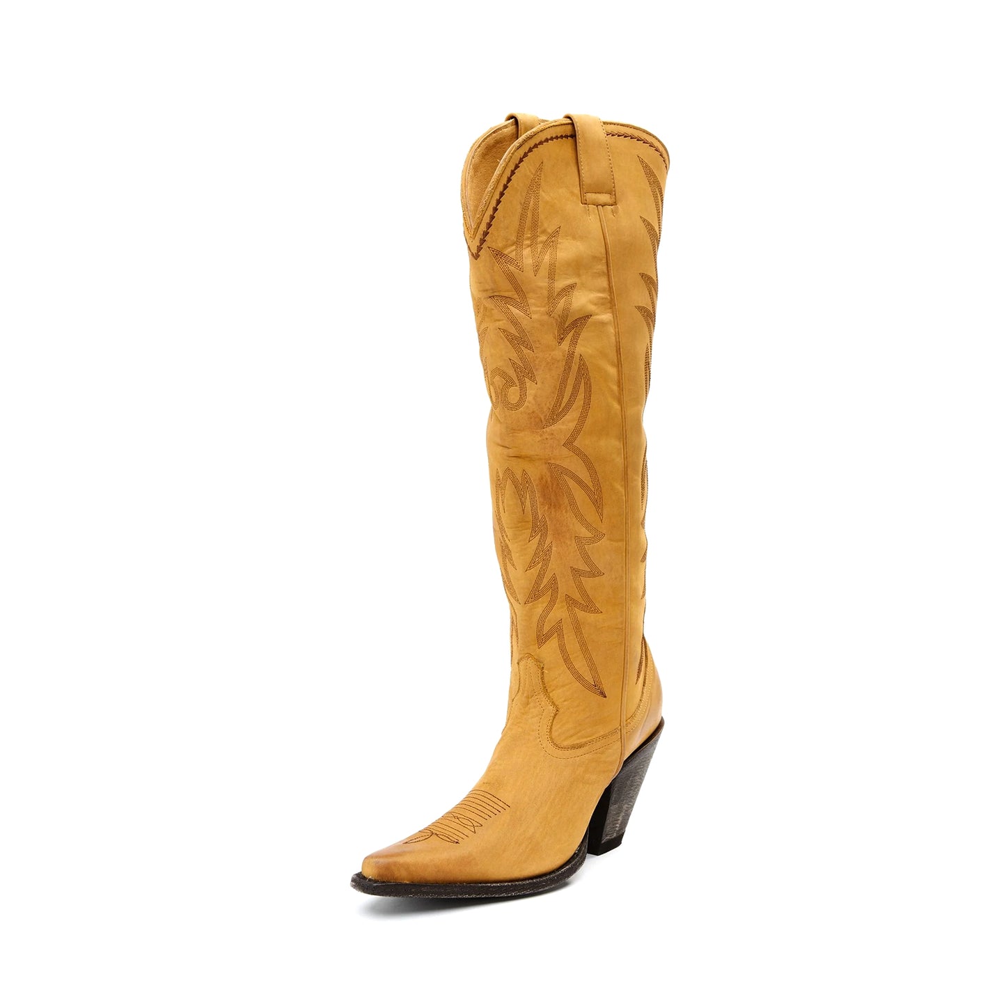 Tan Snip-Toe Embroidery Half-Zip Knee High Tall Cowgirl Boots