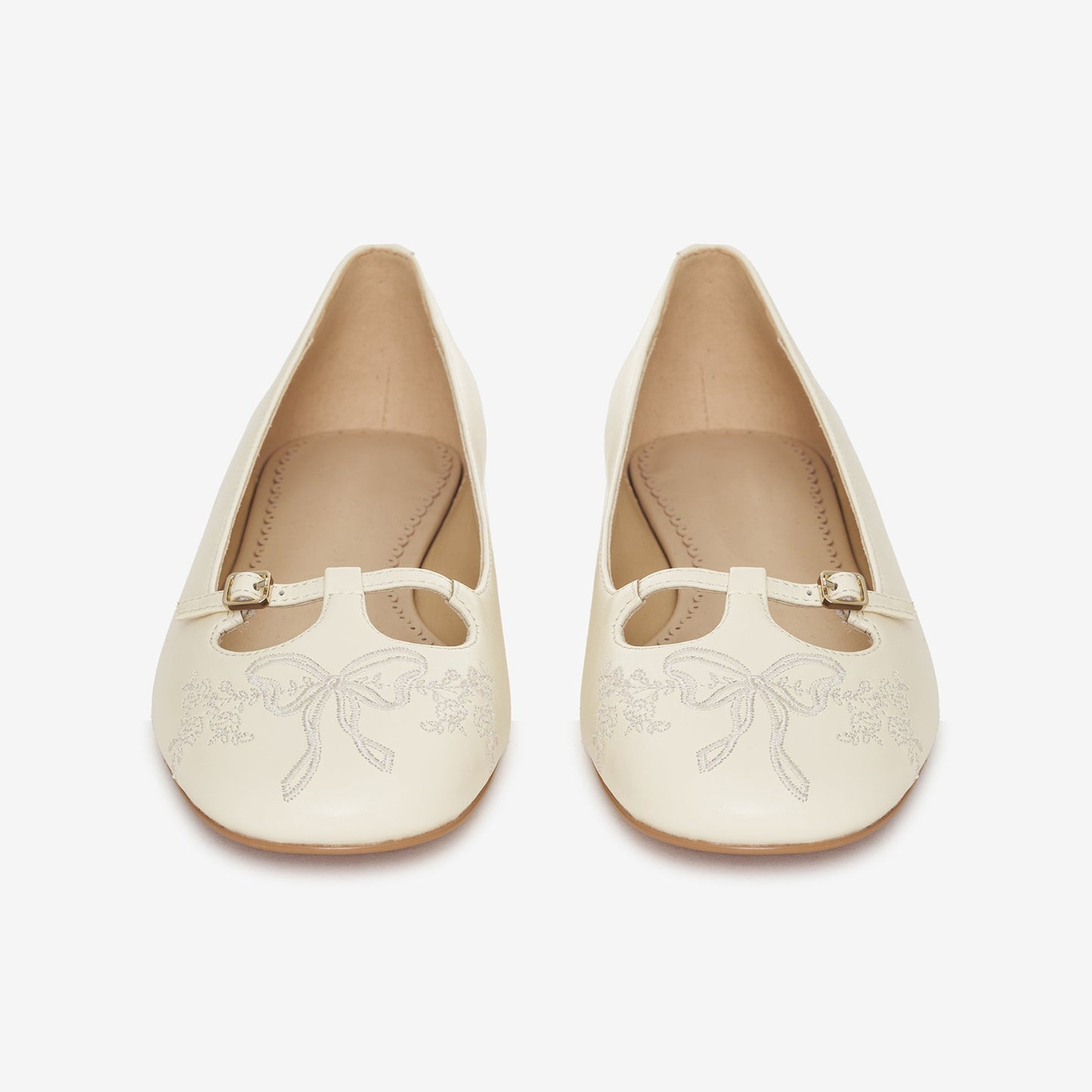 Cream Square-Toe Bow Embroidery Slip-On Ballet Flats
