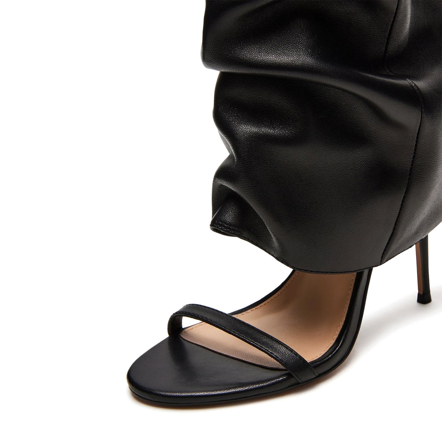 Black Open Round-Toe Fold-Over Wide Calf Knee High Stiletto Boots