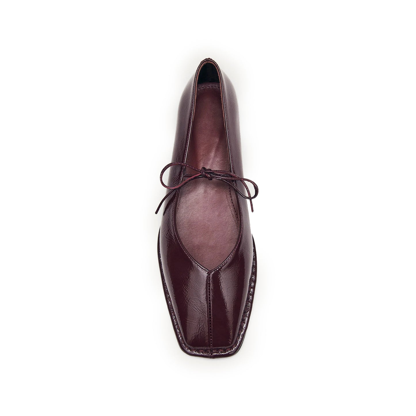 Patent Burgundy Square-Toe V-Cut Vamps Bridge Self-Tie Bow Ballet Flats