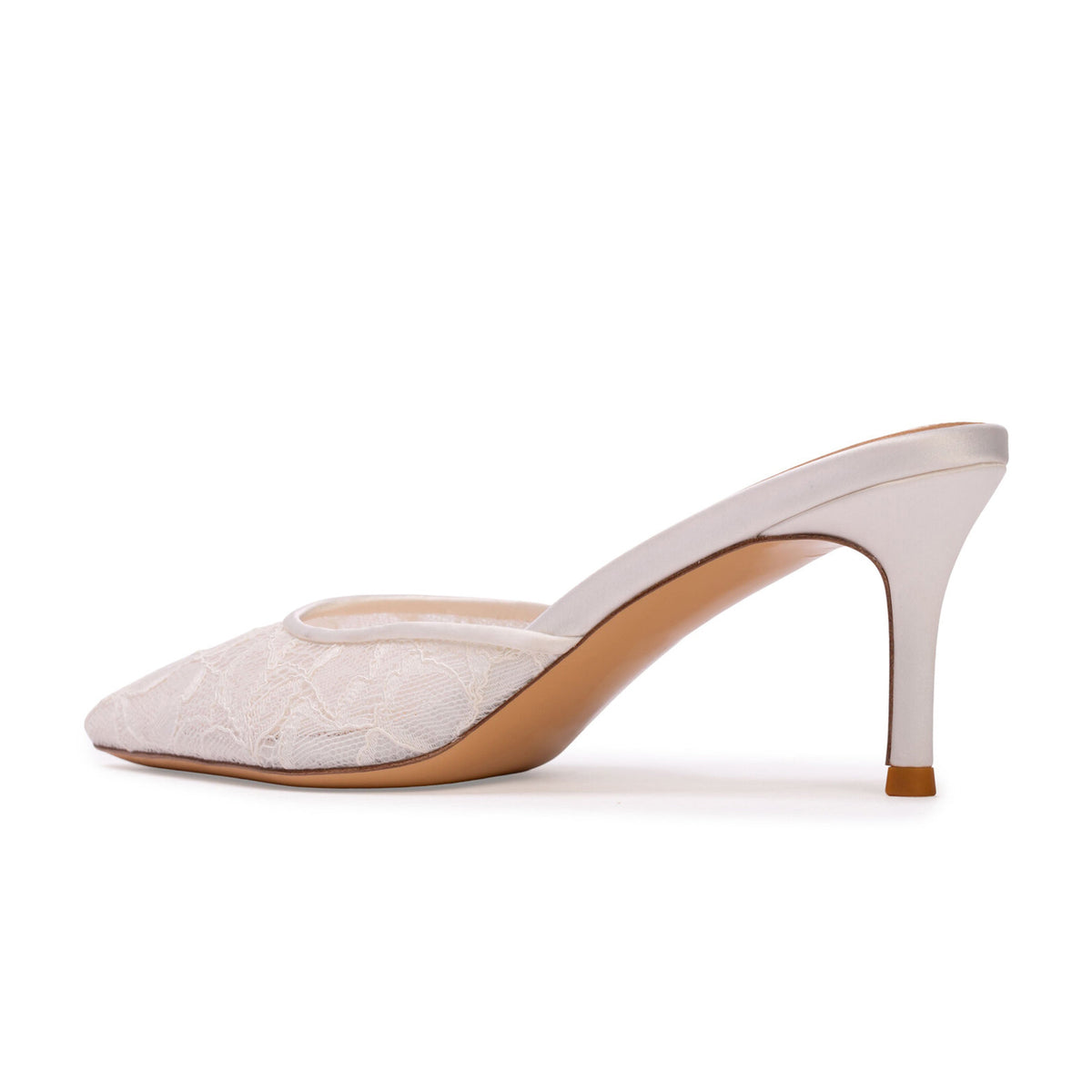 White Lace Mesh Pointed-Toe Backless Simple Kitten Heels