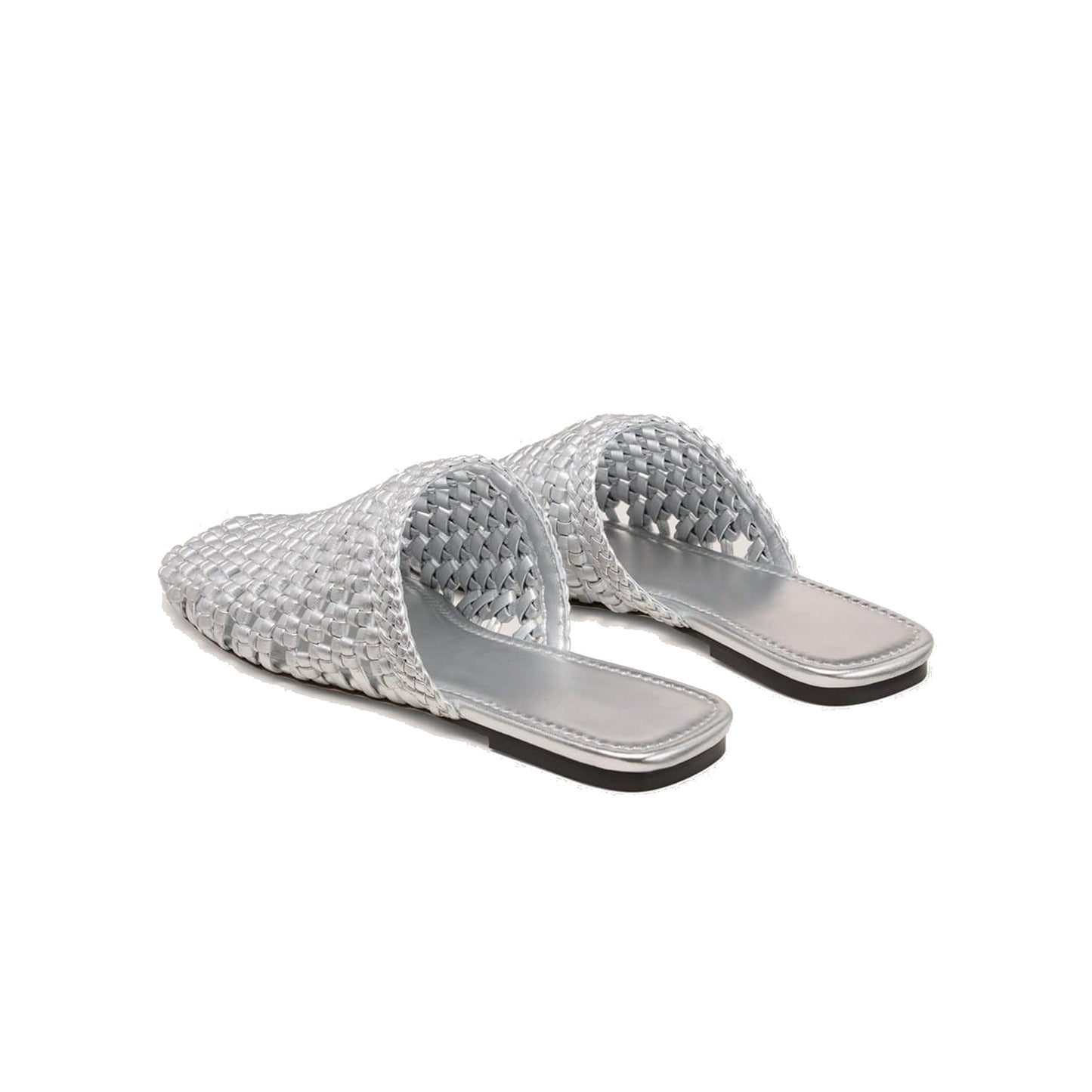Metallic Silver Woven Vegan Leather Square-Toe Backless Chic Flats
