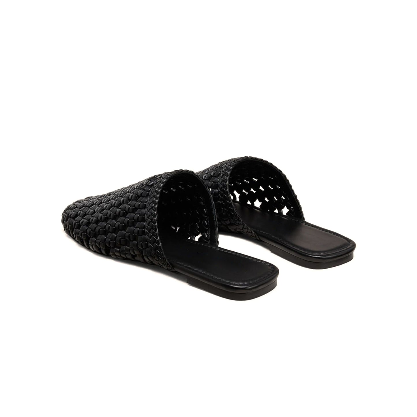 Black Woven Vegan Leather Square-Toe Backless Chic Flats