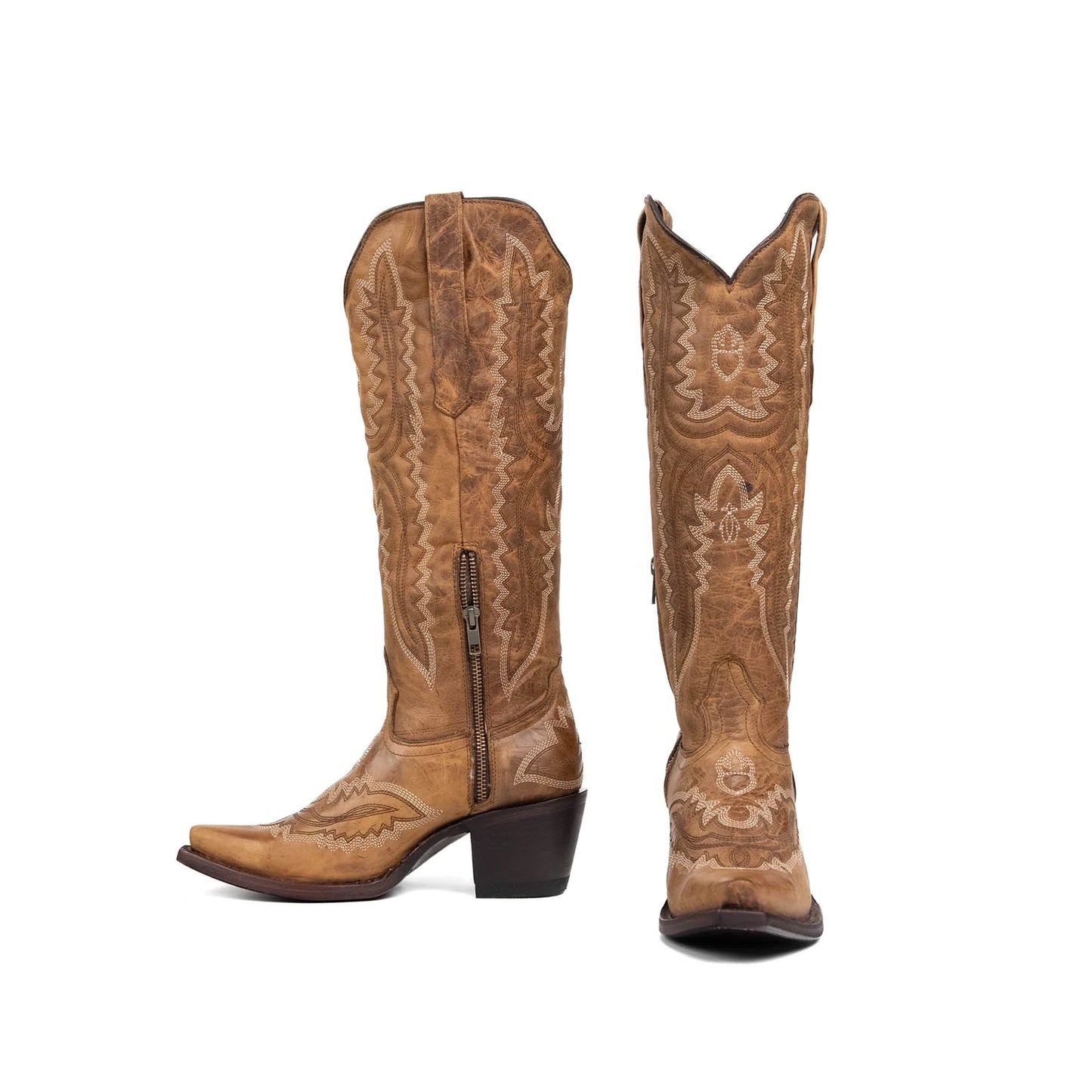 Camel Snip-Toe Embroidery Half-Zip Knee High Classic Cowgirl Boots