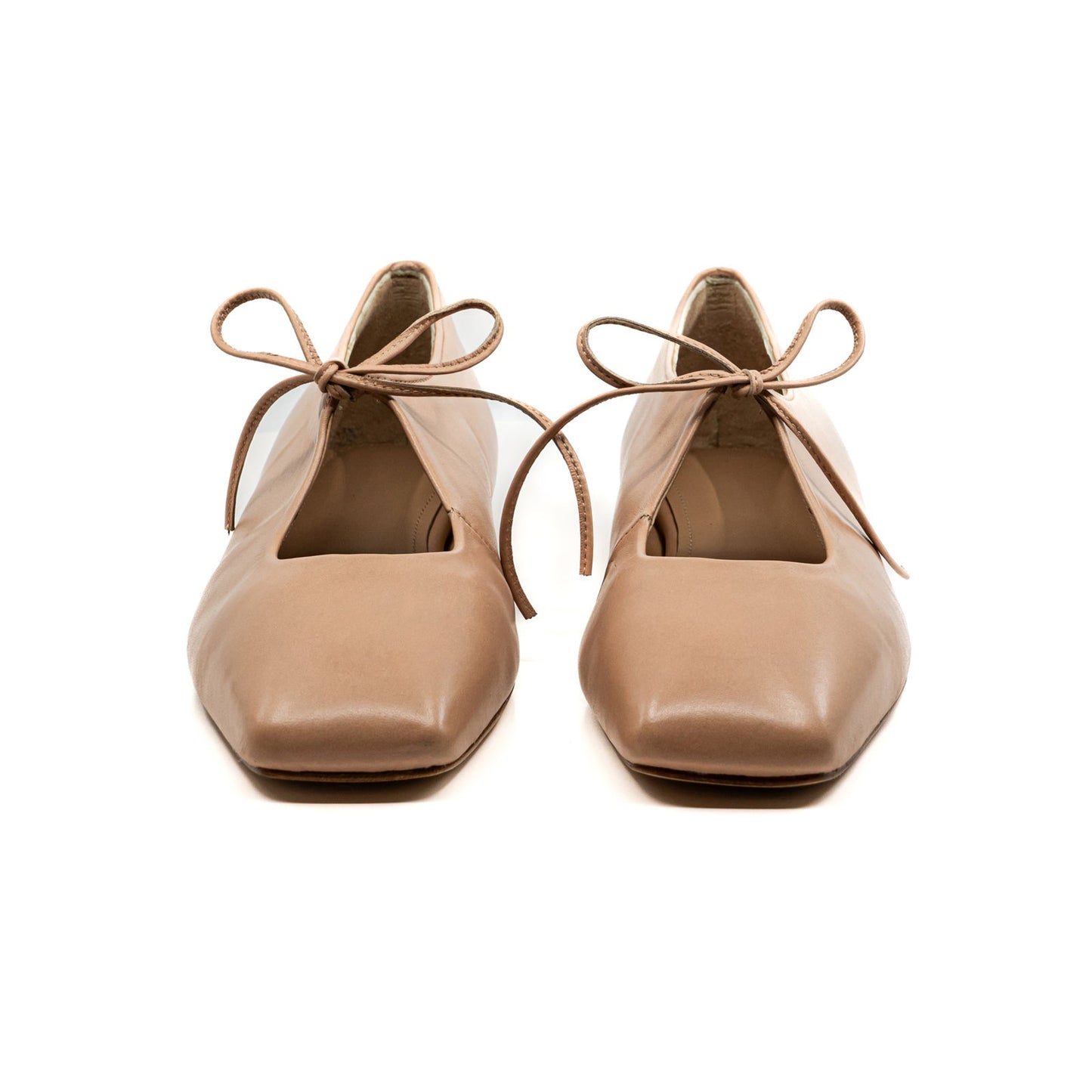 Peach Vegan Leather Square-Toe Vamp Strap With Bow Ballet Flats