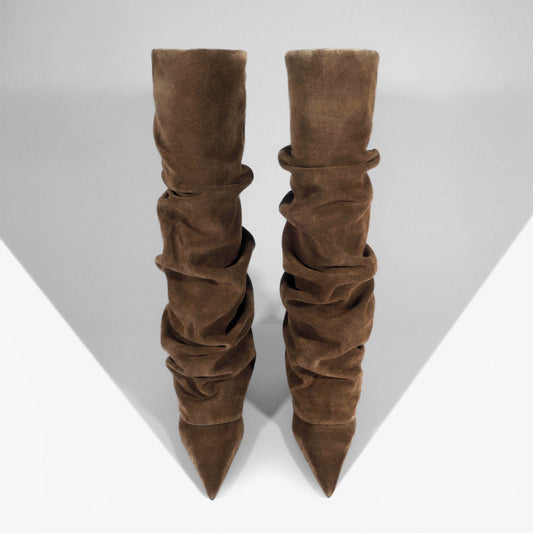 Brown Faux Suede Pointed-Toe Tall Fold-Over Wide Calf Knee High Stiletto Boots