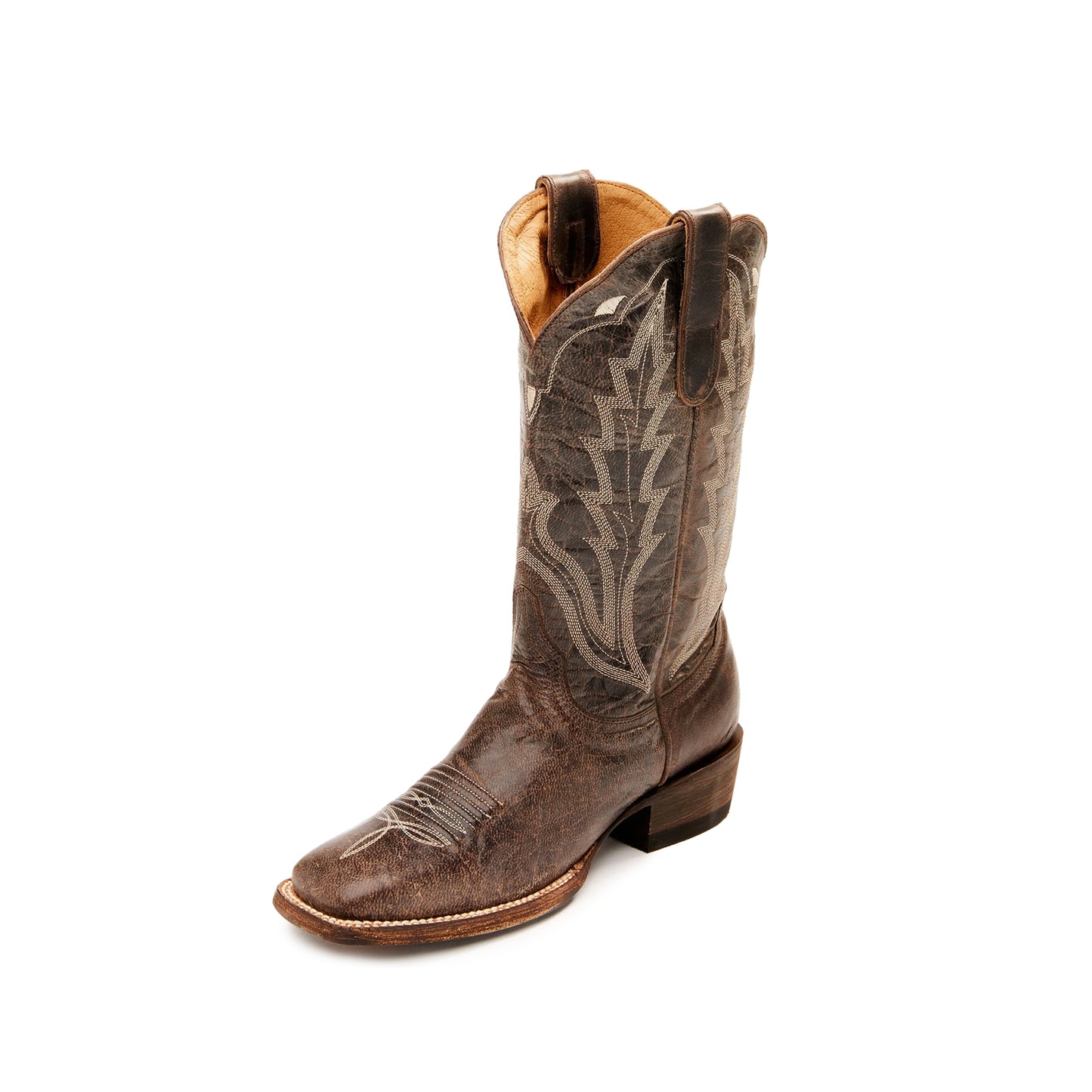 Distressed Dark Brown Square-Toe Embroidery Mid Calf Cowgirl Boots