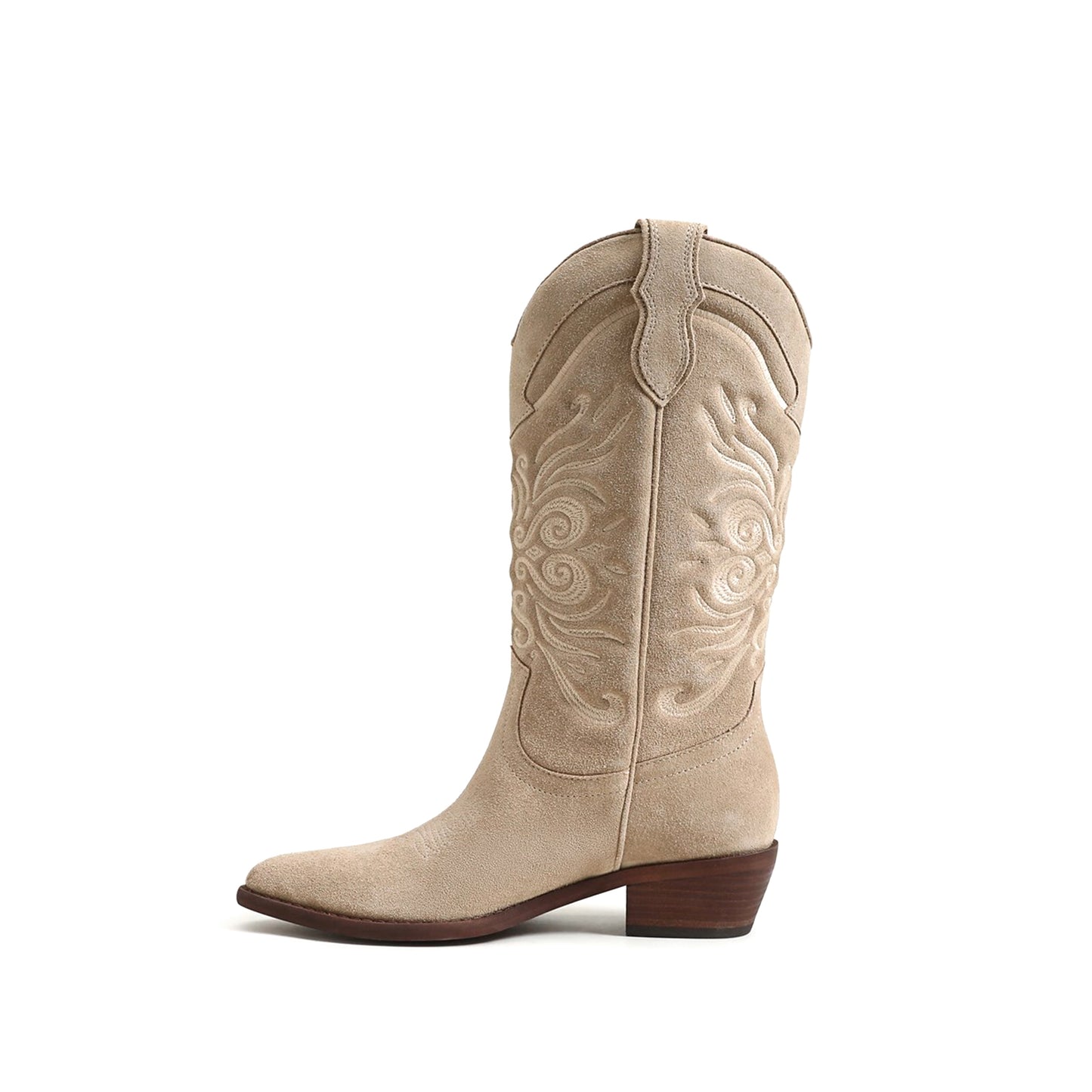 Bone Faux Suede Pointed-Toe Chic Embroidery Mid Calf Cowgirl Boots