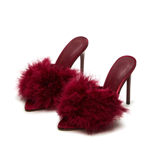 Dark Red Pointed-Toe Front Plush Slip-On High Heels