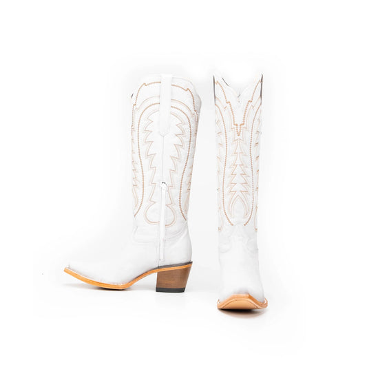 White Snip-Toe Thread Stitching Half-Zip Knee High Cowgirl Boots