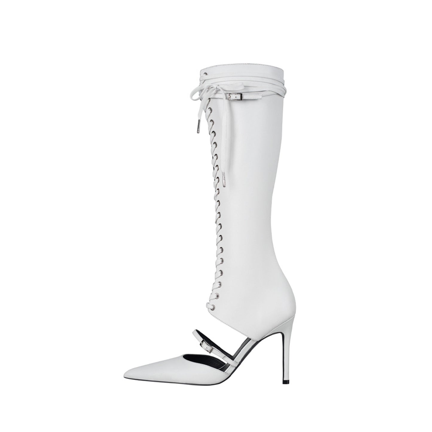 White Pointed-Toe Front Lace-Up Full-Zip Knee High Stiletto Boots