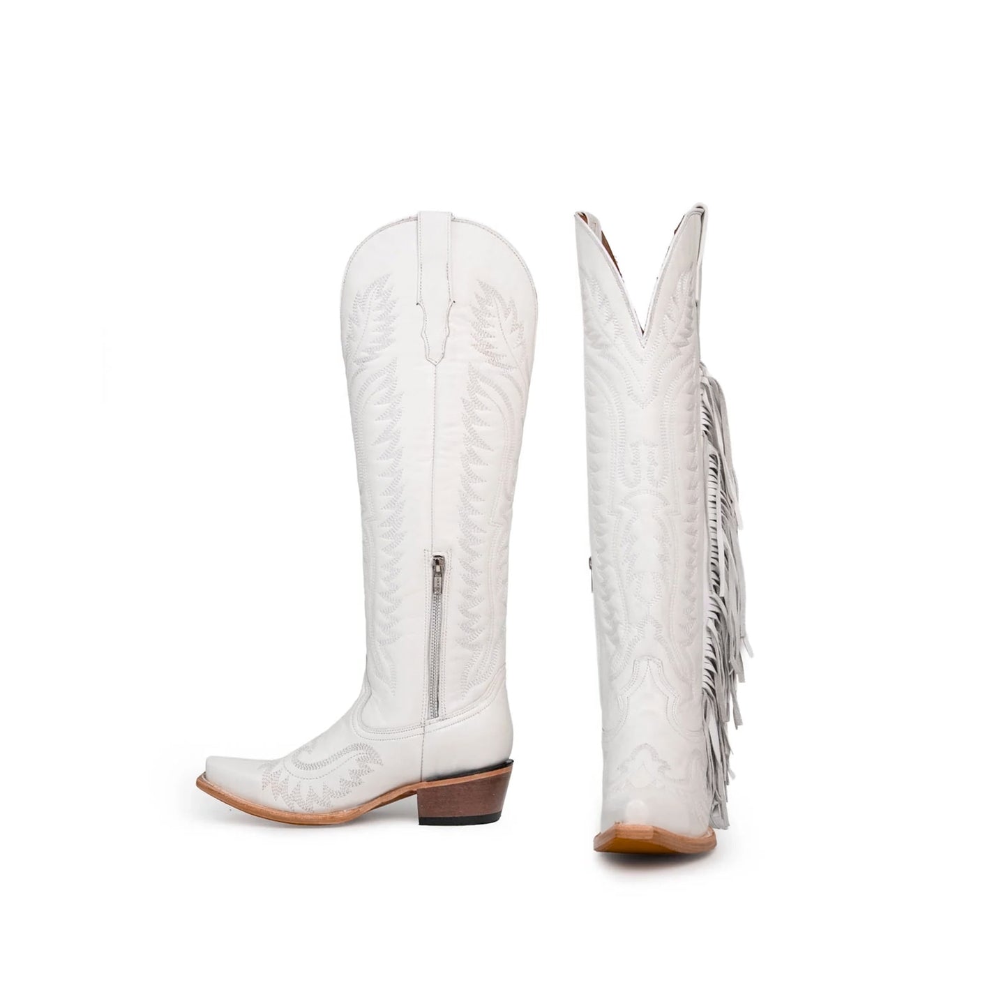 White Snip-Toe Embroidery Side Fringe Half-Zip Knee High Cowgirl Boots