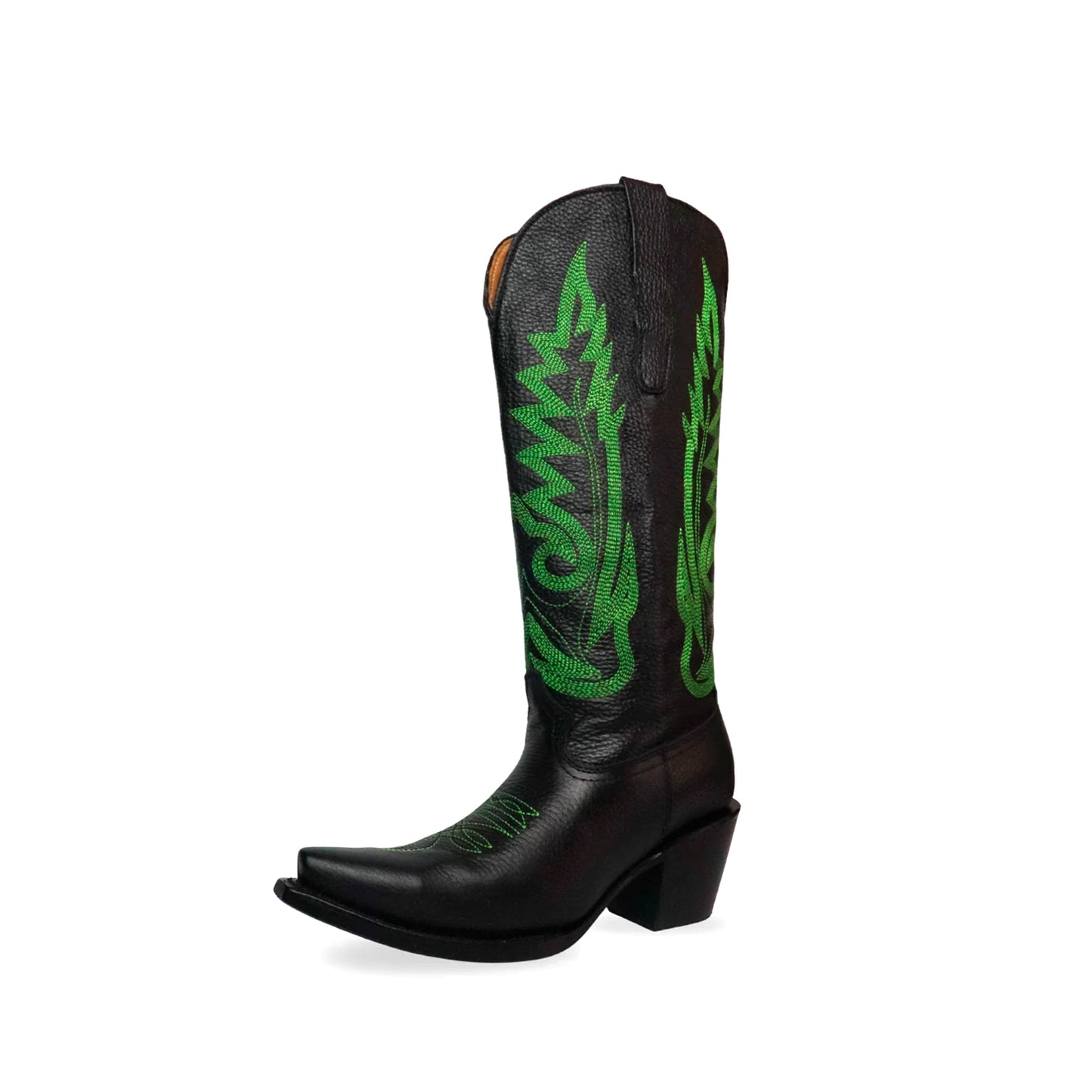 Black Snip-Toe Green Embroidery Mid Calf Cowgirl Boots