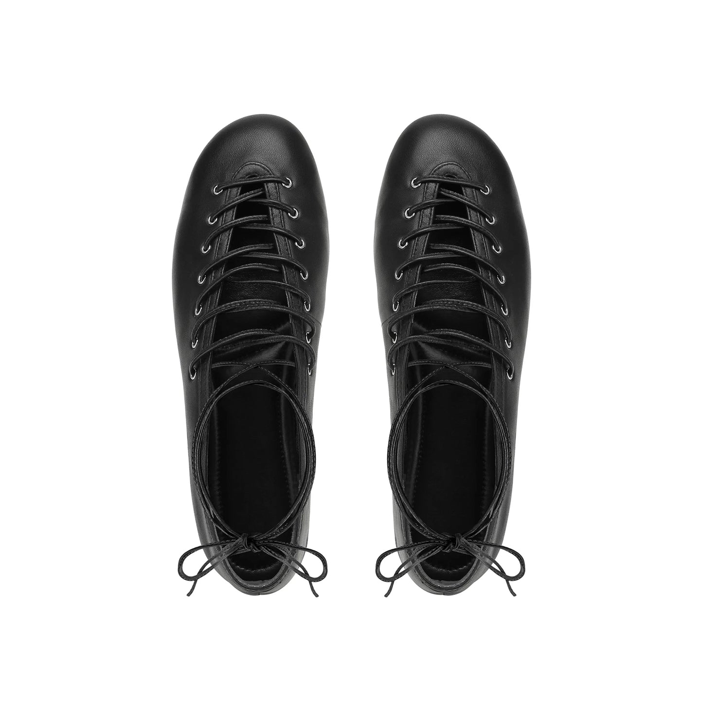 Black Vegan Leather Round-Toe Ankle Lacing Detail Lace-Up Flats