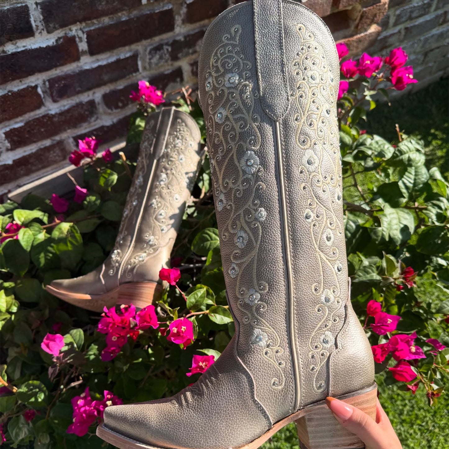 Metallic Khaki Snip-Toe Flower Embroidery Rhinestone Studs Wide Calf Knee High Cowgirl Boots