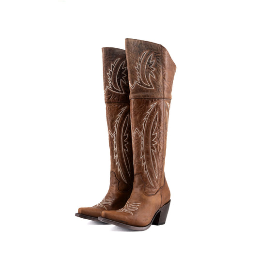 Distressed Camel Snip-Toe Embroidery Half-Zip Knee High Cowgirl Boots