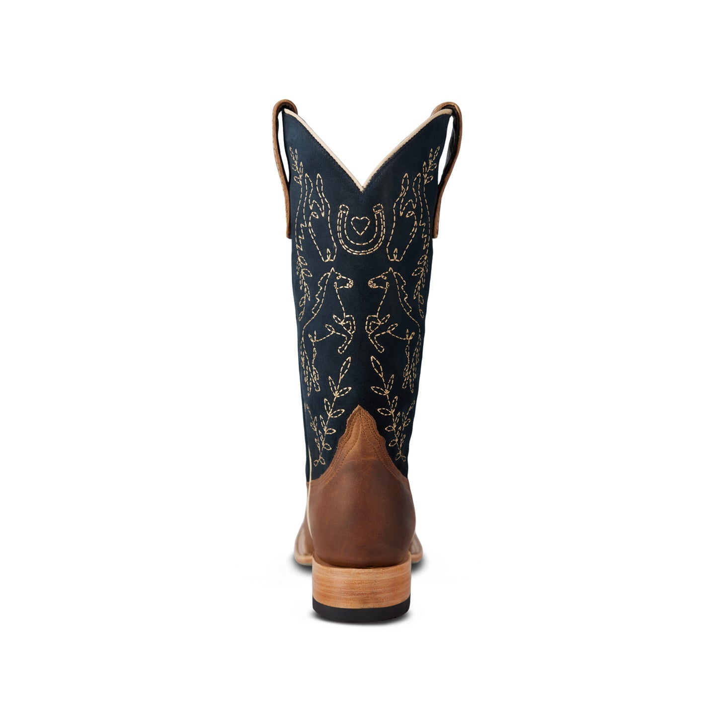 Contrast Navy And Brown Square-Toe Western Embroidery Mid Calf Cowgirl Boots