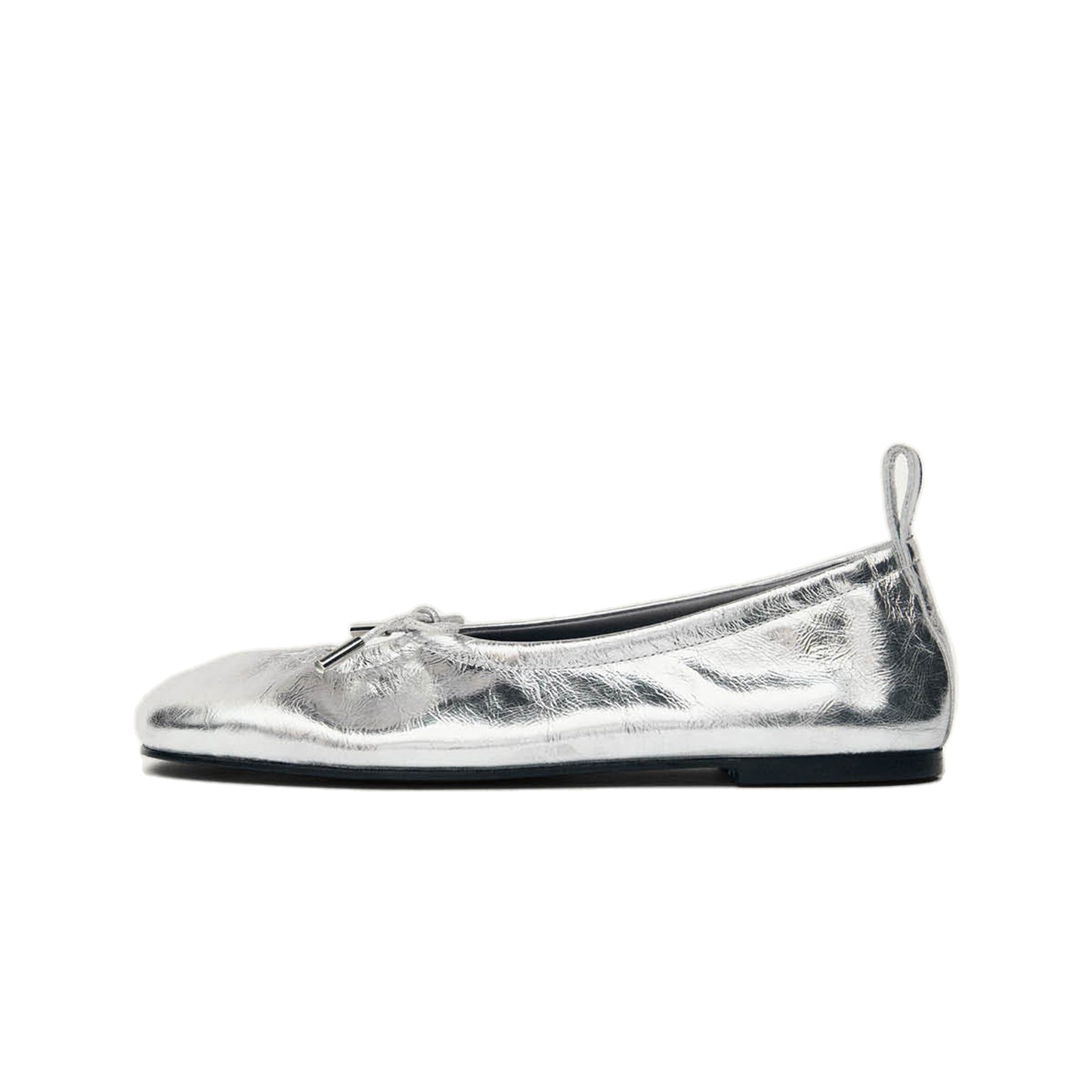Metallic Sliver Square-Toe Bridge Self-Tie Bow Ballet Flats