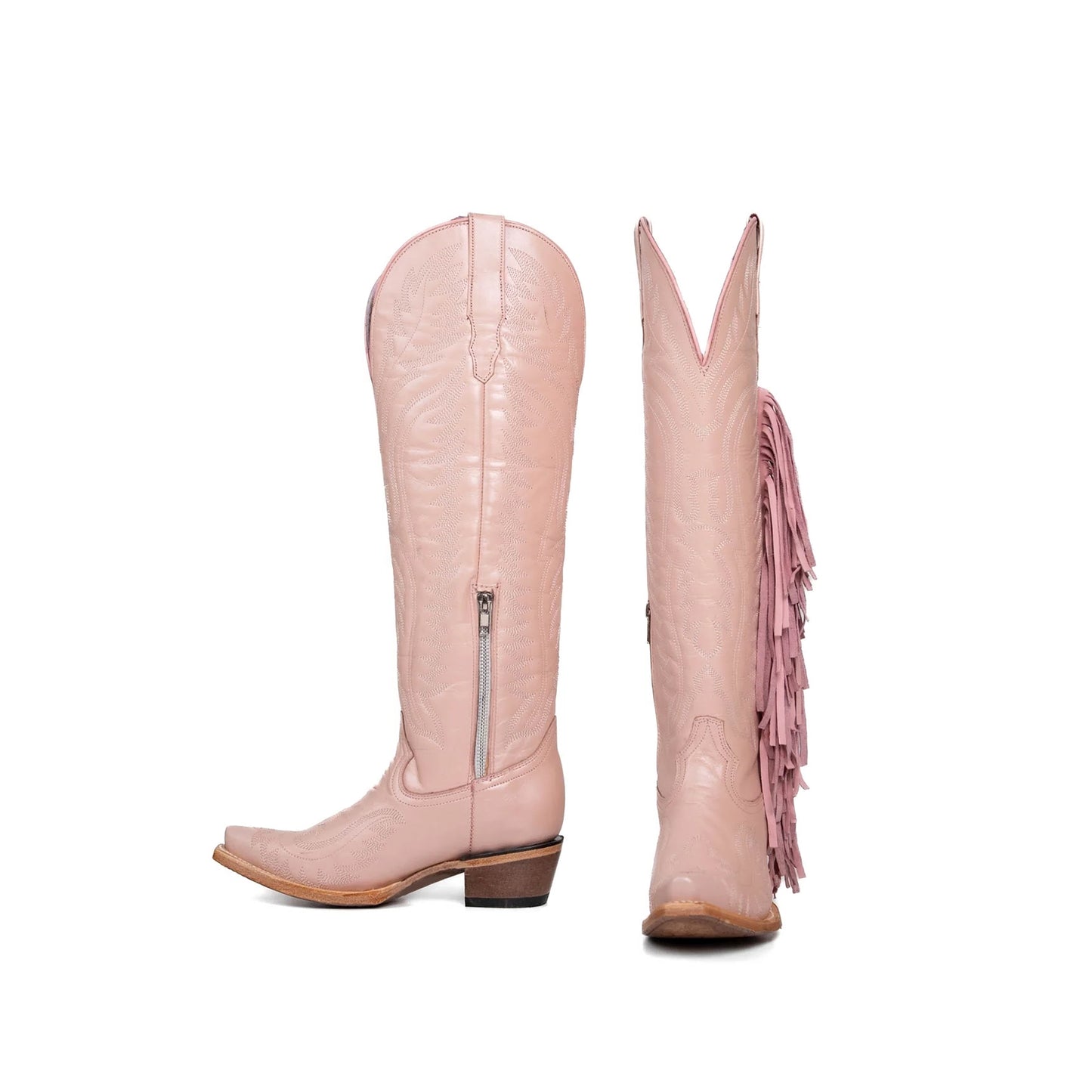 Pink Snip-Toe Embroidery Side Fringe Half-Zip Knee High Cowgirl Boots