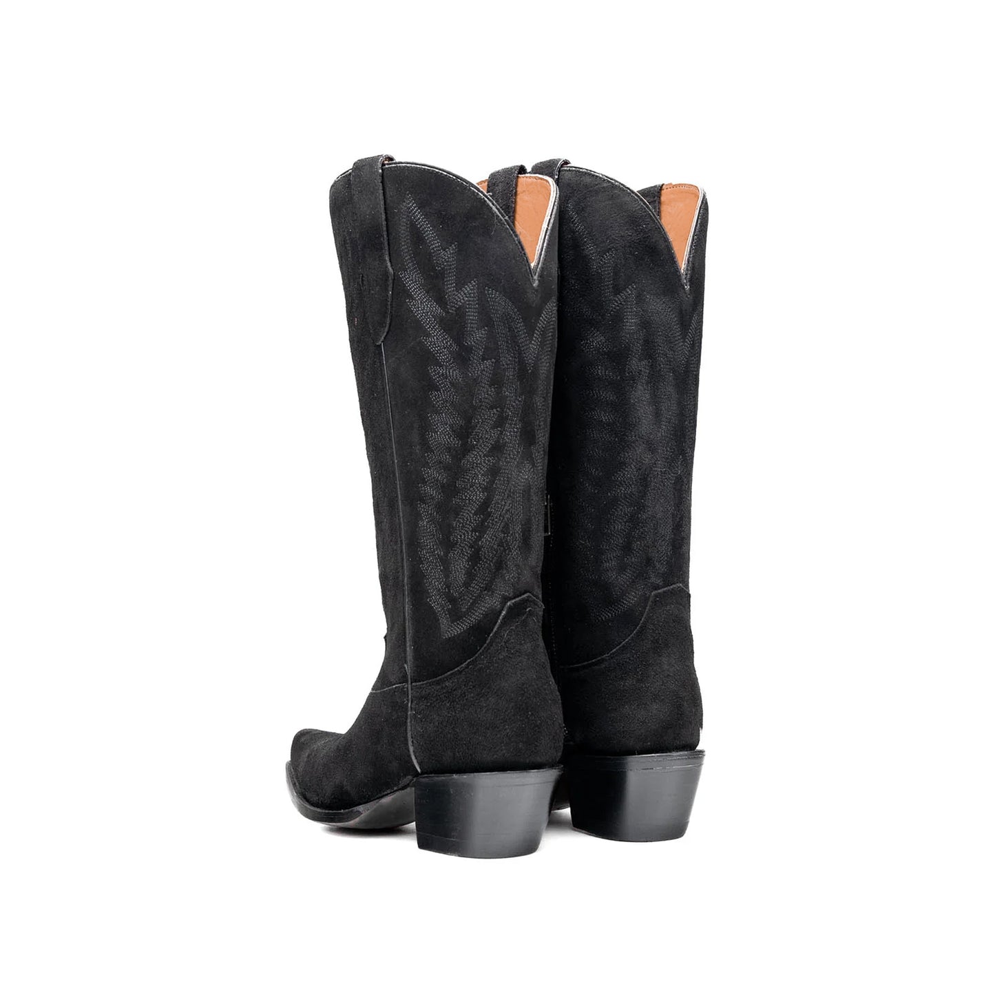 Black Faux Suede Snip-Toe Half-Zip Embroidery Mid Calf Cowgirl Boots