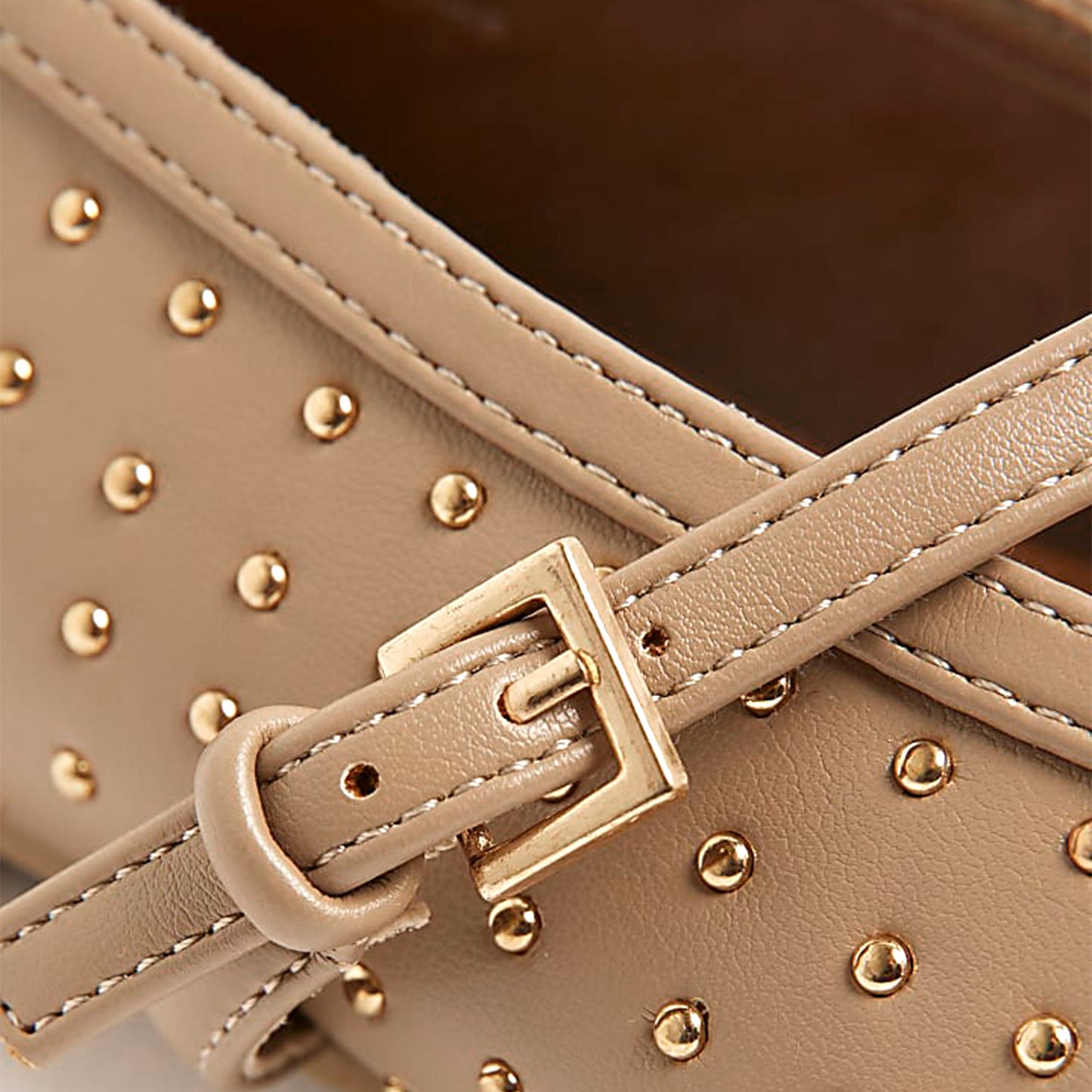 Beige Square-Toe Studded Mary Jane Ballet Flats