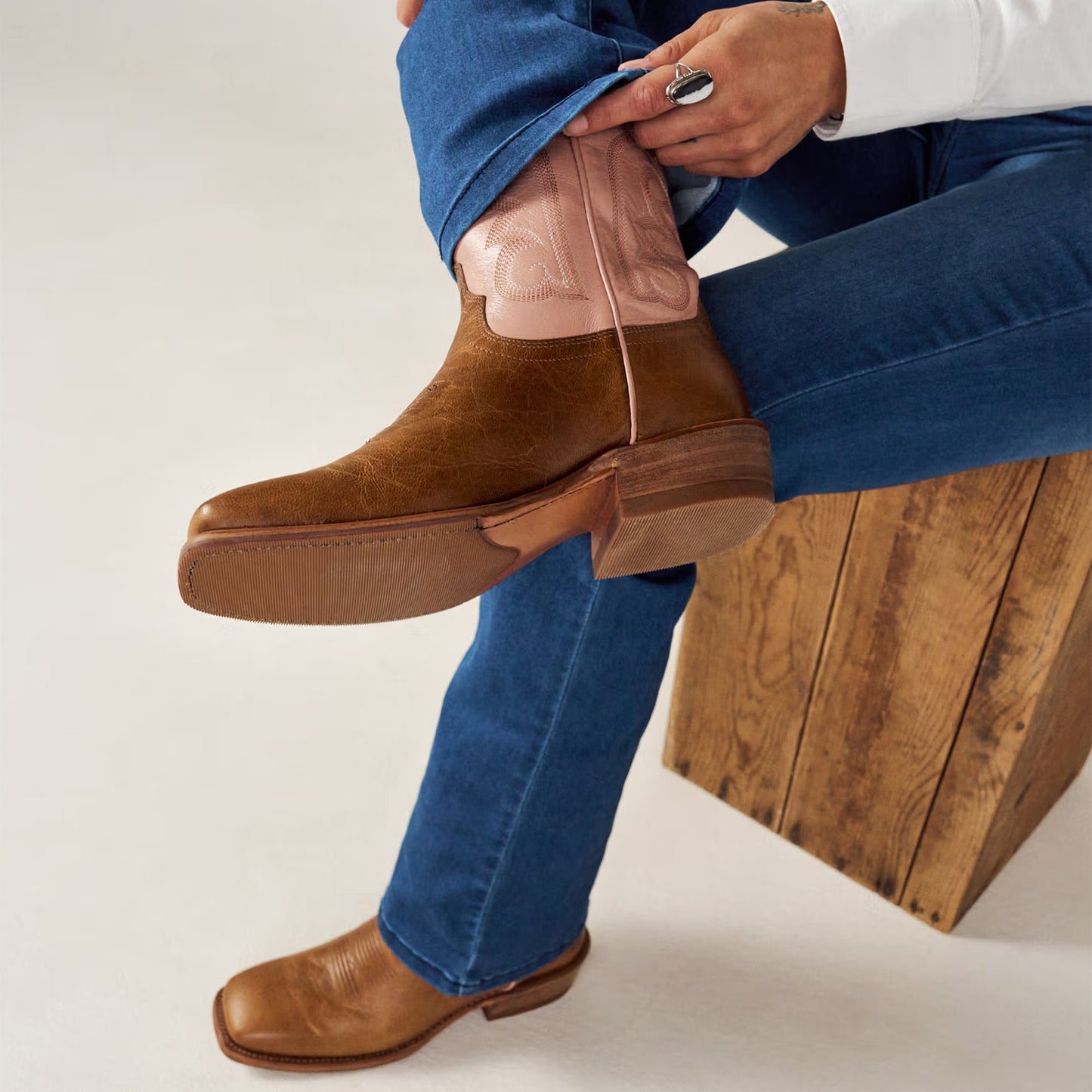 Contrast Tan And Pink Square-Toe Western Embroidery Mid Calf Cowgirl Boots