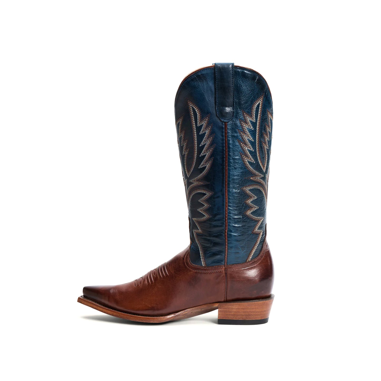 Contrast Navy And Brown Snip-Toe Embroidery Mid Calf Cowgirl Boots