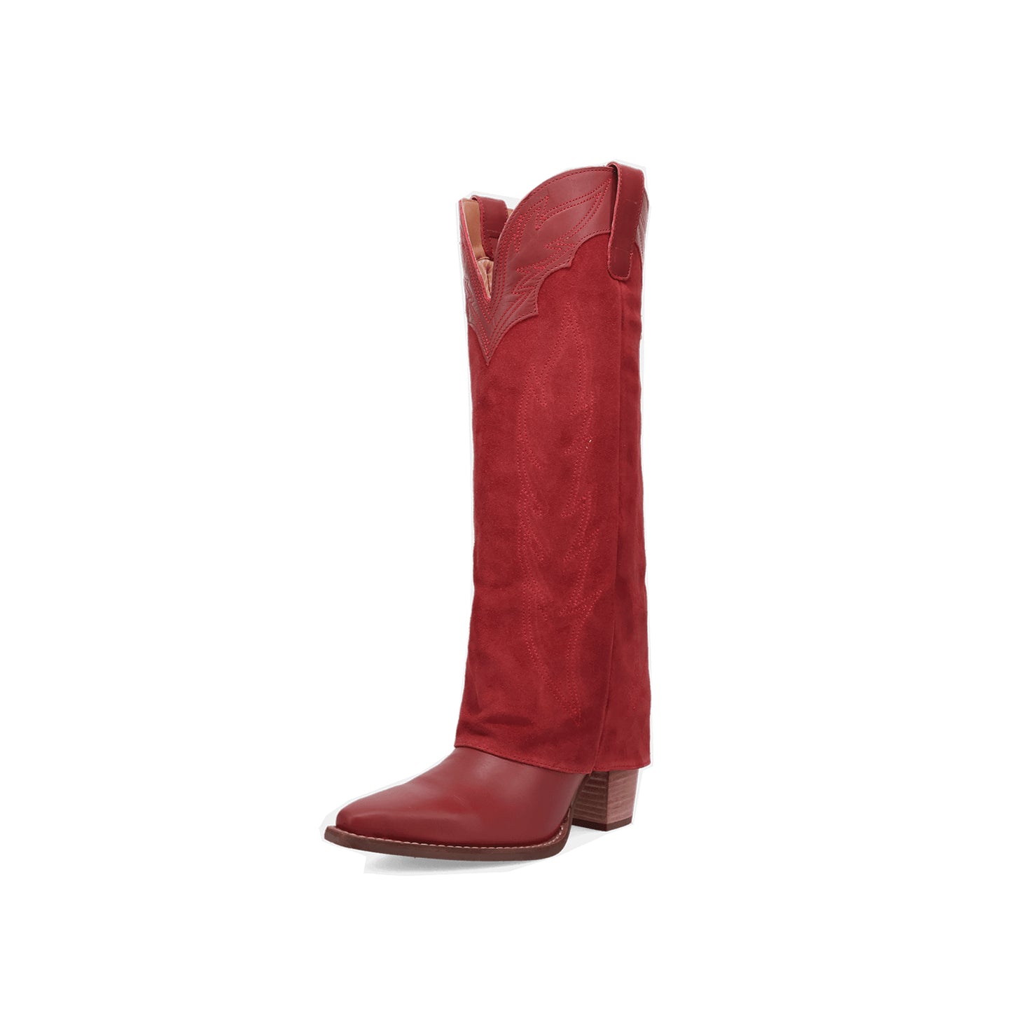 Red Snip-Toe Faux Suede Fold-Over Embroidery Wide Calf Knee High Cowgirl Boots