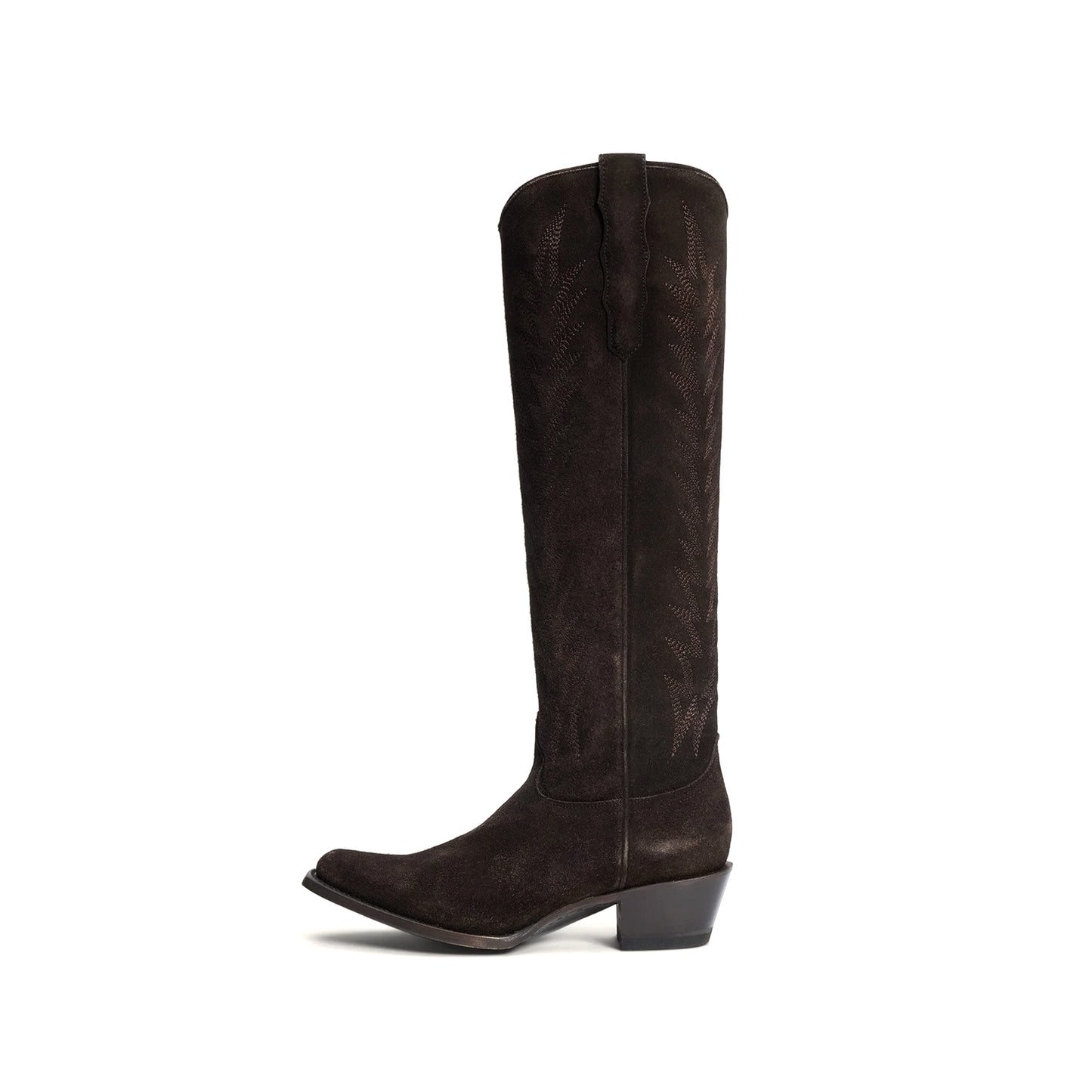 Brown Faux Suede Square-Toe Simple Embroidery Half-Zip Tall Knee High Cowgirl Boots