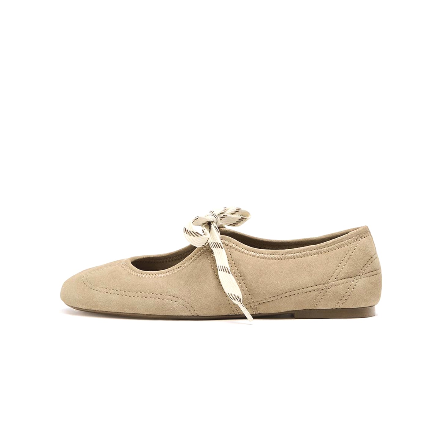 Sandy Brown Faux Suede Round-Toe Lace-up Closure Contrast Stitching Ballet Flats