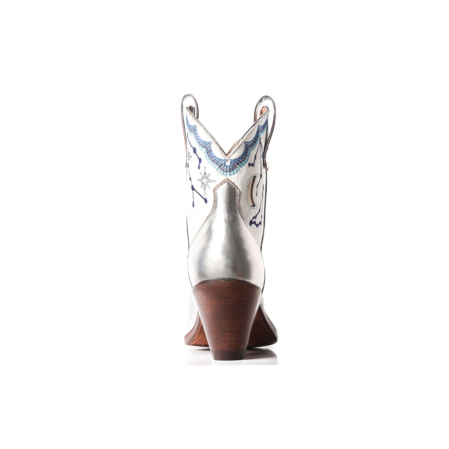 Contrast White And Metallic Silver Snip-Toe Cosmic Embroidery Moon Inlay Ankle Cowgirl Boots