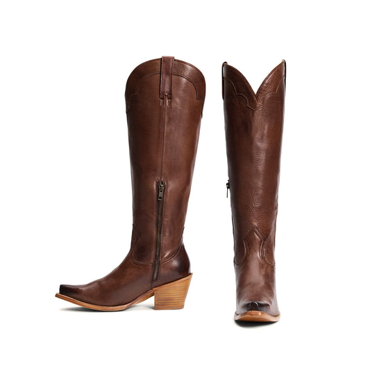 Brown Snip-Toe Simple Half-Zip Tall Knee High Cowgirl Boots
