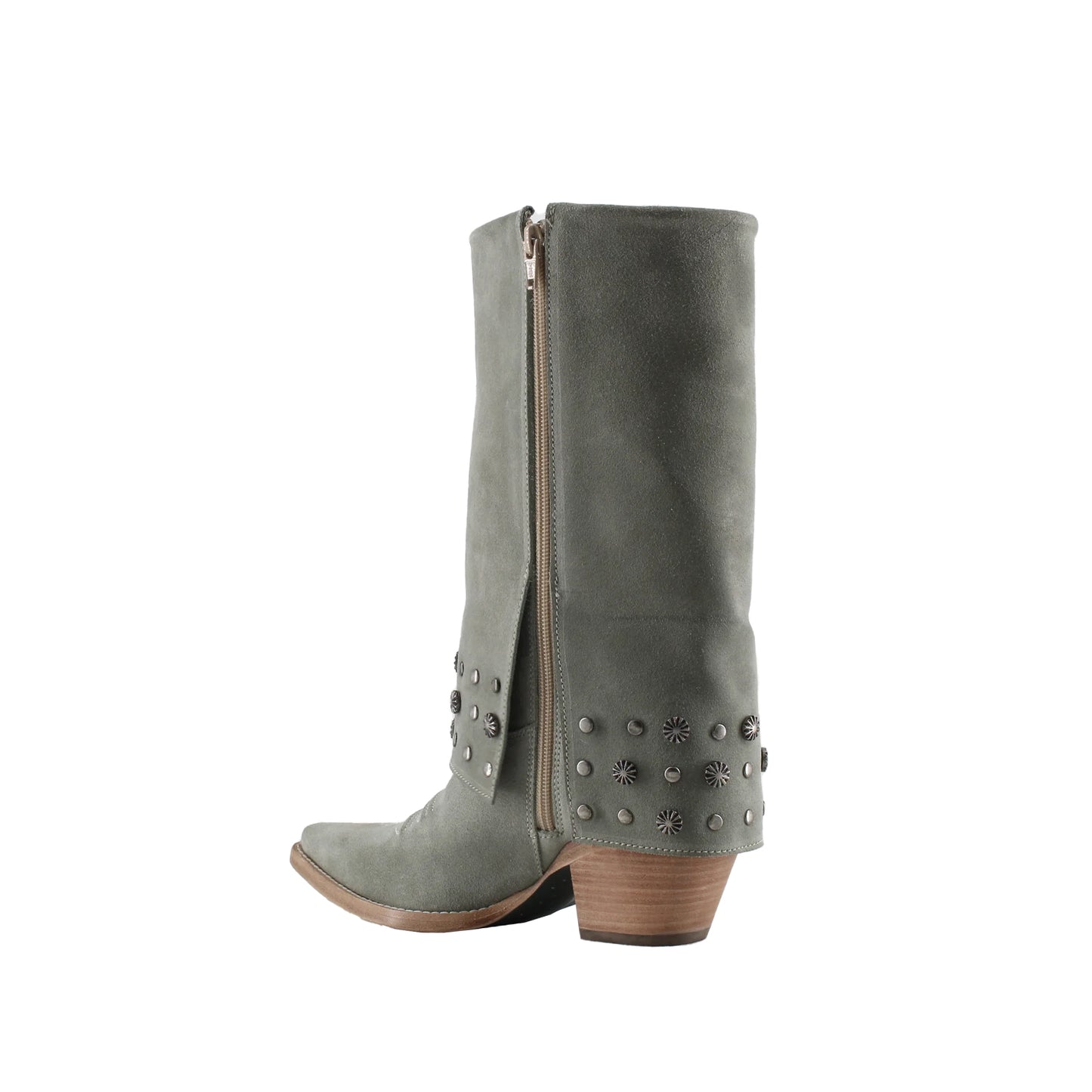 Gray Faux Suede Snip-Toe Studded Fold-Over Full-Zip Mid Calf Cowgirl Boots