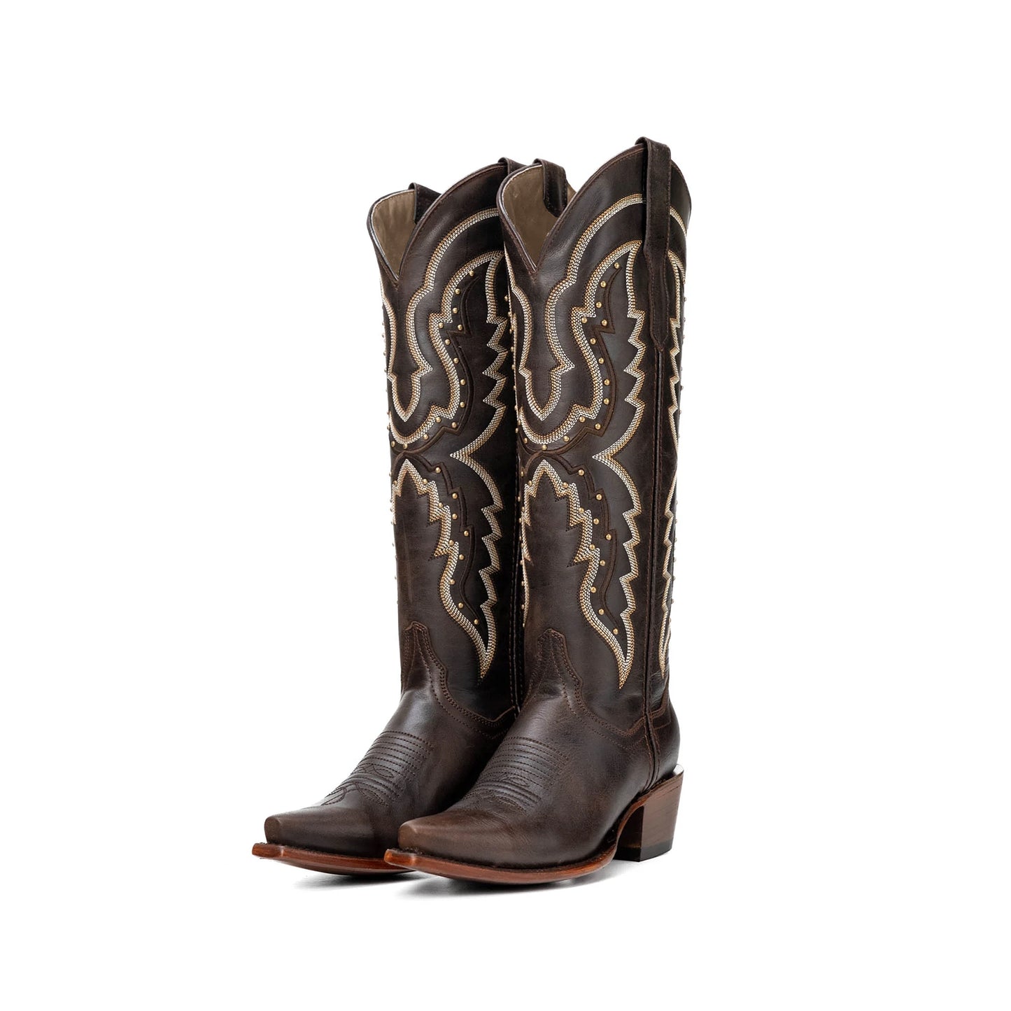 Brown Snip-Toe Embroidery Gold Studs Wide Calf Knee High Cowgirl Boots