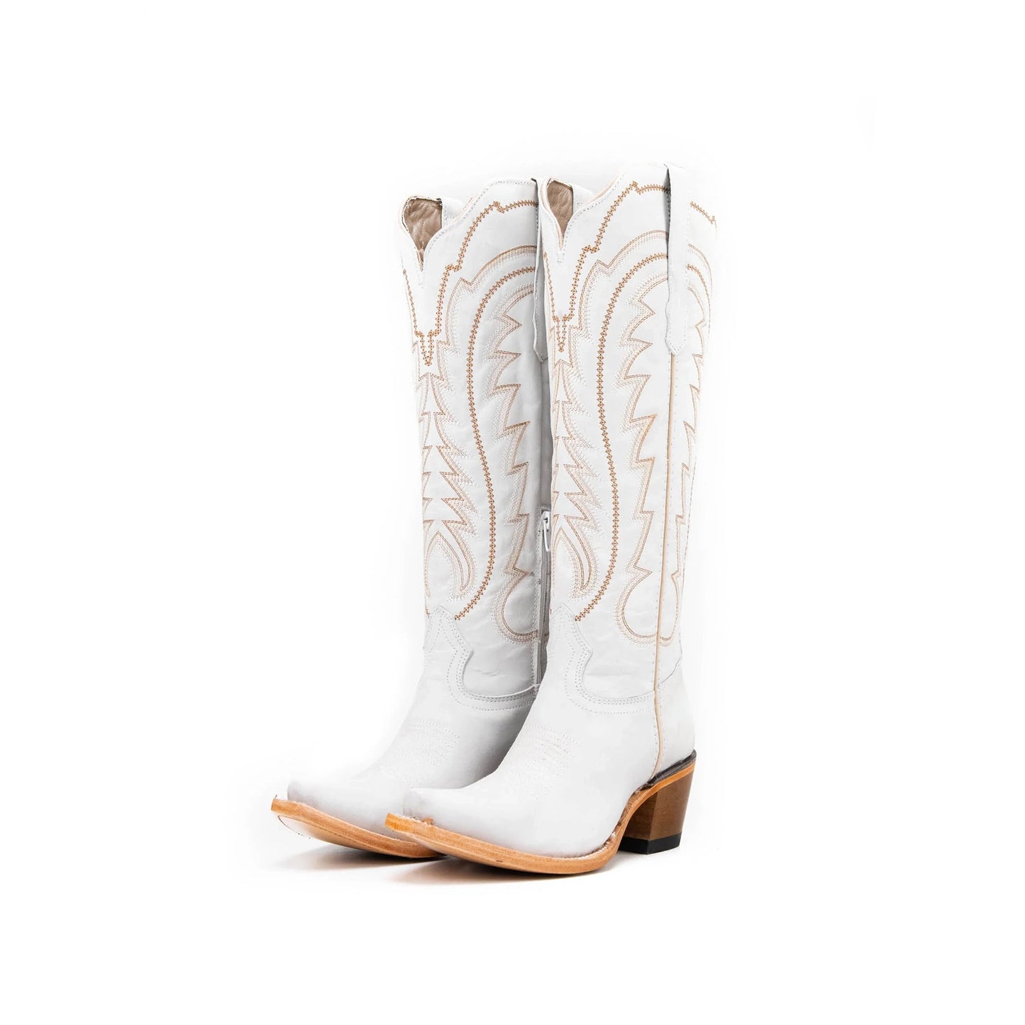 White Snip-Toe Thread Stitching Half-Zip Knee High Cowgirl Boots