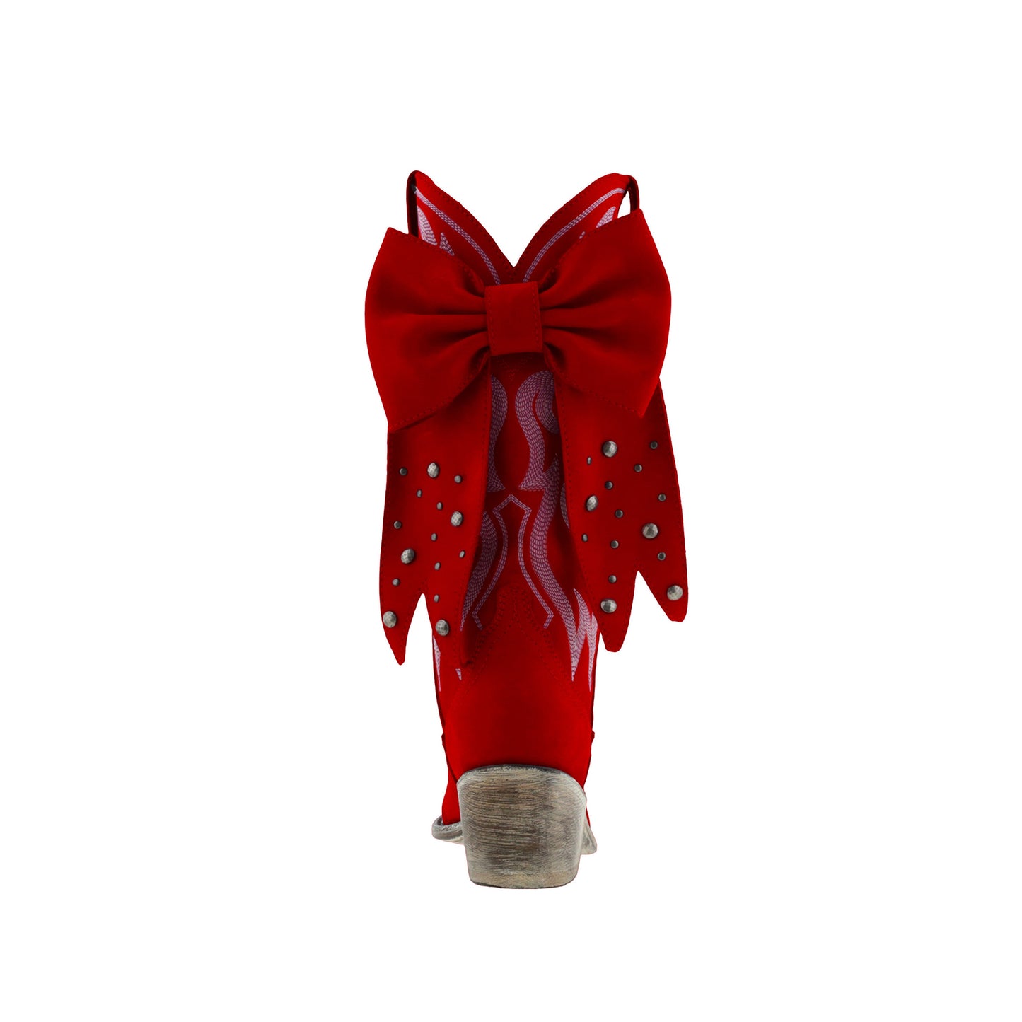 Red Pointed-Toe Embroidery Back Studded Bow Mid Calf Cowgirl Boots