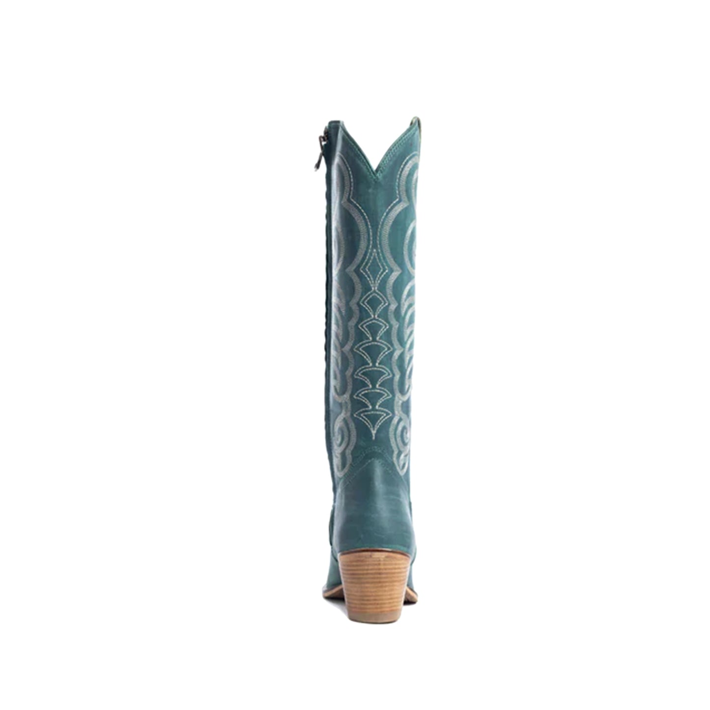 Turquoise Almond-Toe Curled Embroidery Full-Zip Knee High Cowgirl Boots