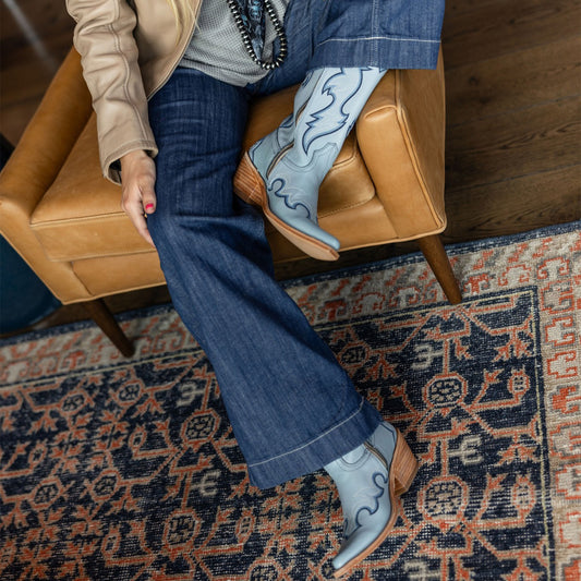 Pastel Blue Almond-Toe Embroidery Tall Wide Calf Knee High Cowgirl Boots