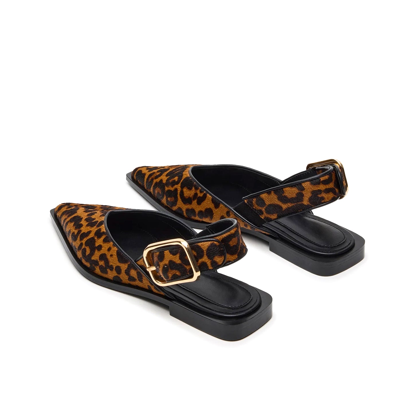 Leopard Pony Hair Pointed-Toe Slingback Buckle Flats