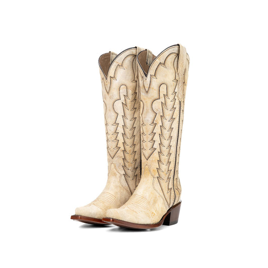 Distressed Bone Snip-Toe Embroidery Wide Calf Knee High Cowgirl Boots