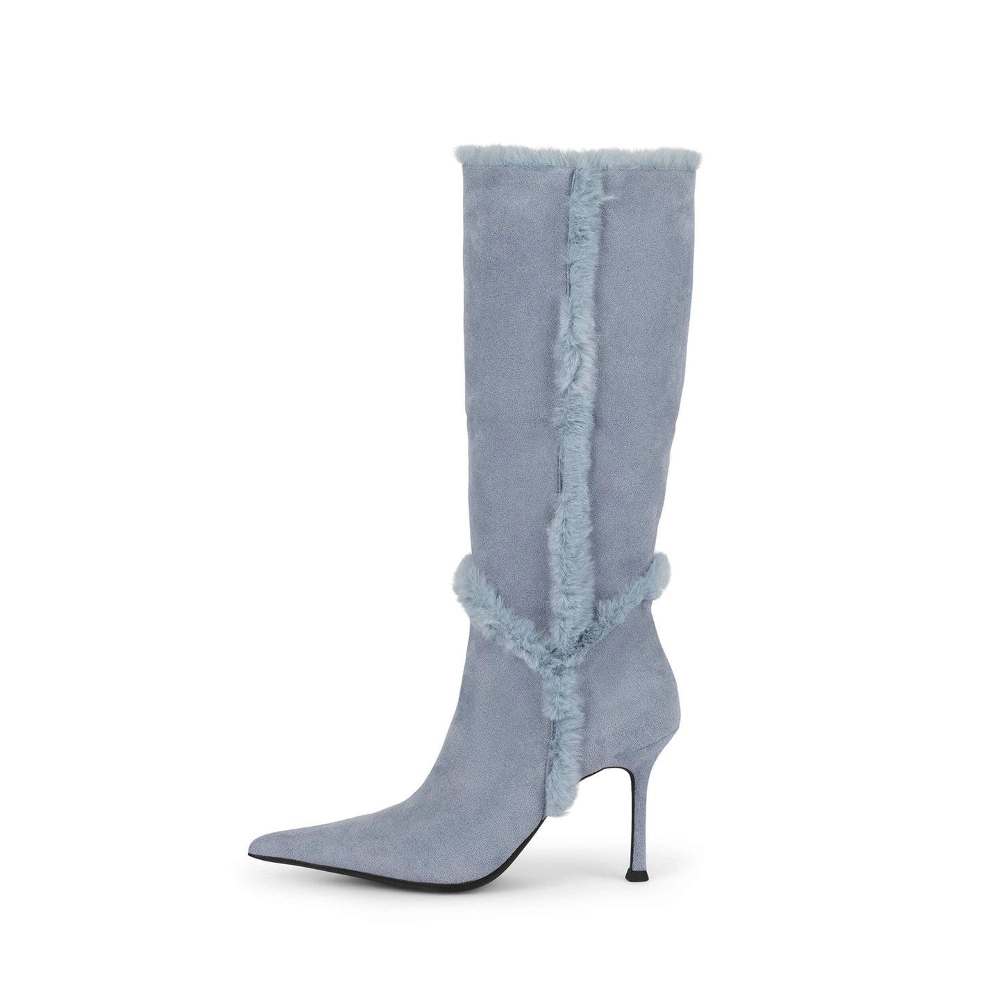 Blue Faux Suede Pointed-Toe Plush Fold-Over Knee High Stiletto Boots