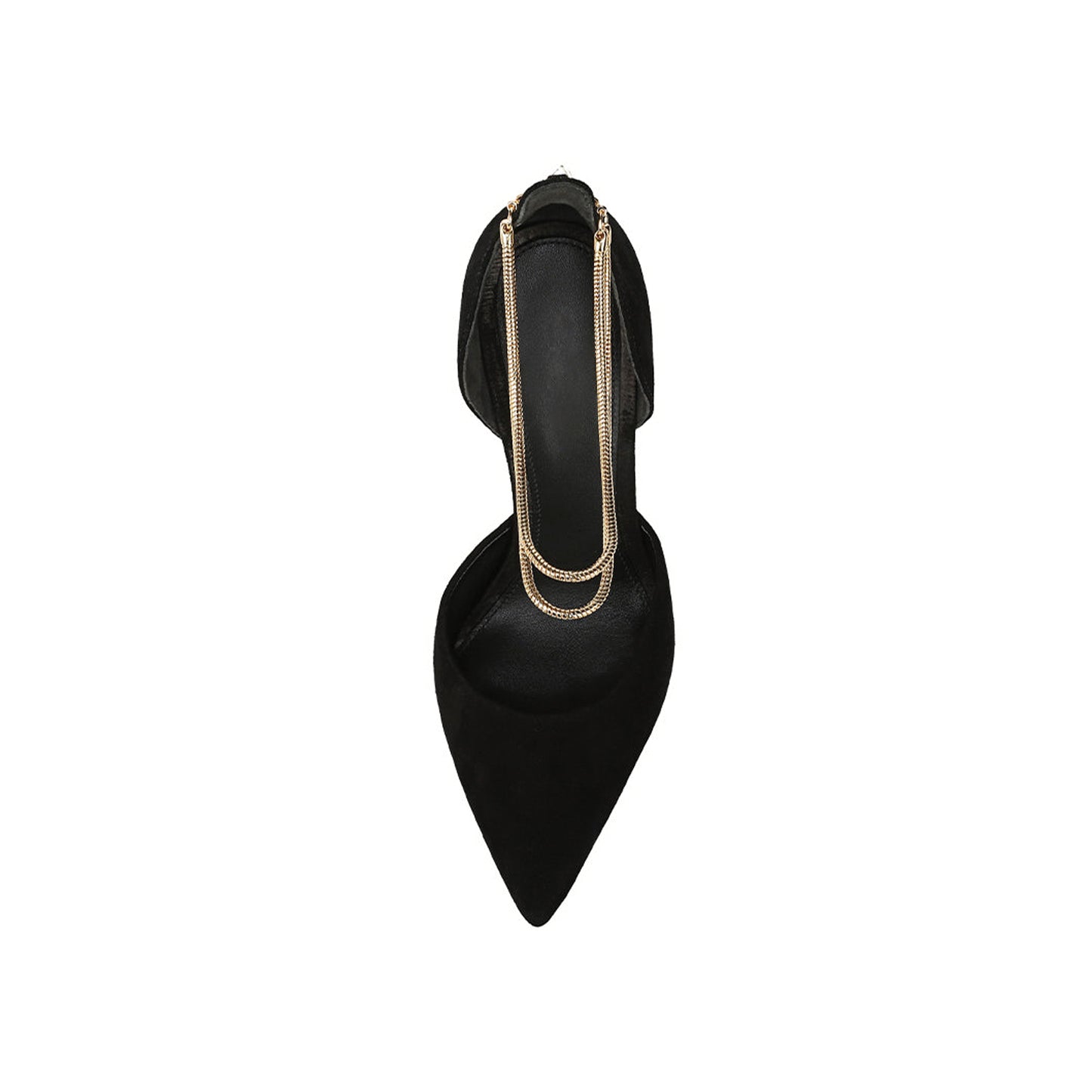 Black Faux Suede Pointed-Toe Double Gold Ankle Chains High Heels