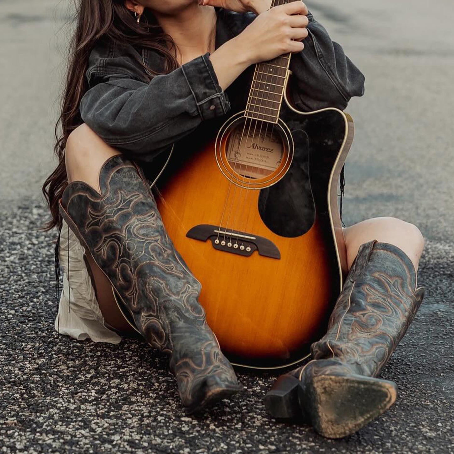Distressed Black Snip-Toe Wide Calf Embroidery Knee High Cowgirl Boots