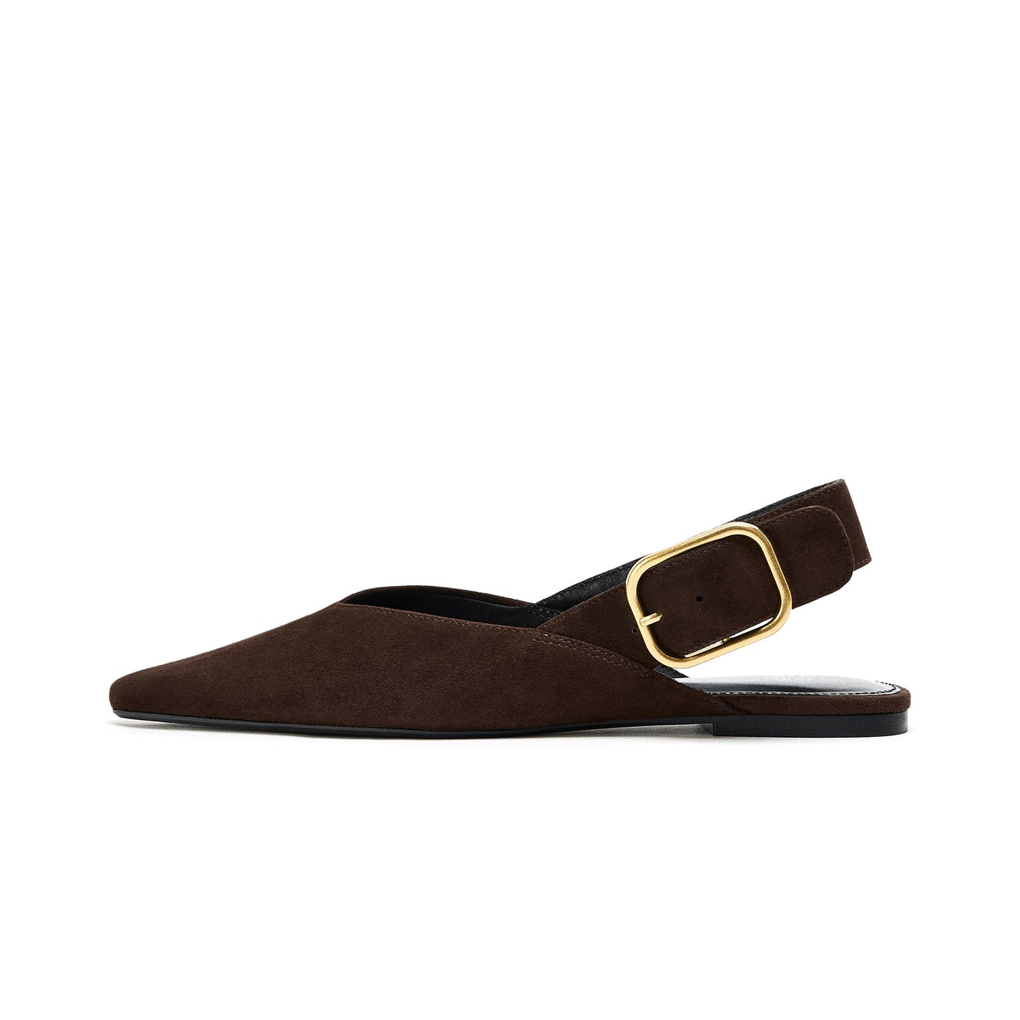 Chocolate Faux Suede Pointed-Toe Slingback Buckle Flats