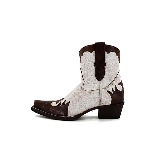 Distressed Contrast White And Brown Snip-Toe Ankle Cowgirl Boots